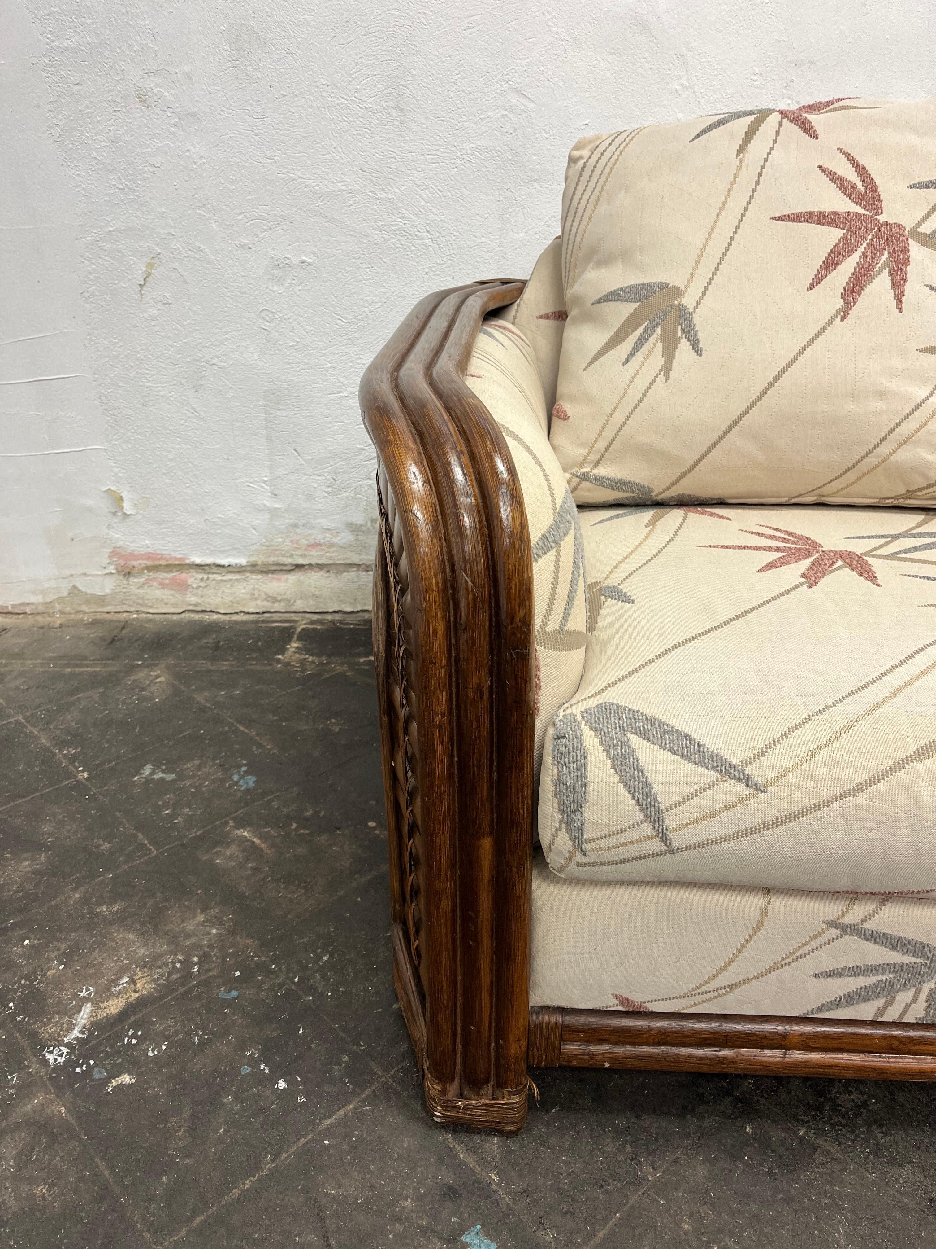 Upholstery Vintage Rattan Bamboo Sofa Rising Sun Design For Sale