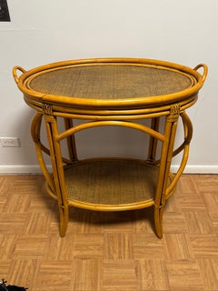 Vintage Rattan & Bamboo Two-Tier Oval Serving Table with Removable Tray Top