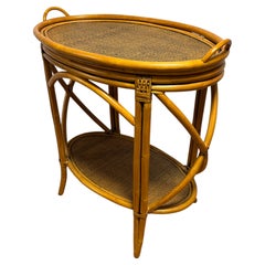 Vintage Rattan & Bamboo Two-Tier Oval Serving Table with Removable Tray Top