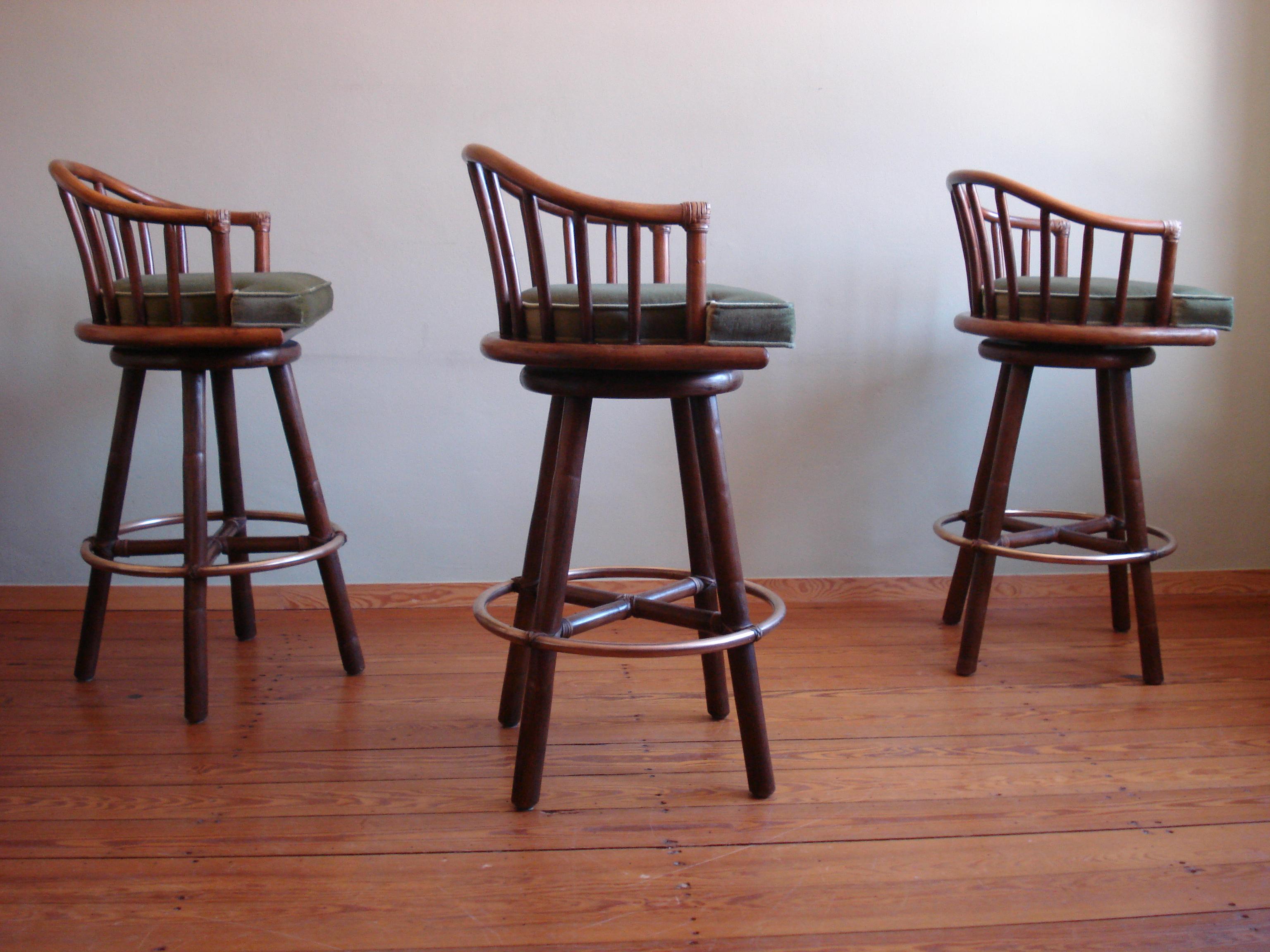 Campaign Vintage Rattan Barstool by McGuire, Set of 3 For Sale