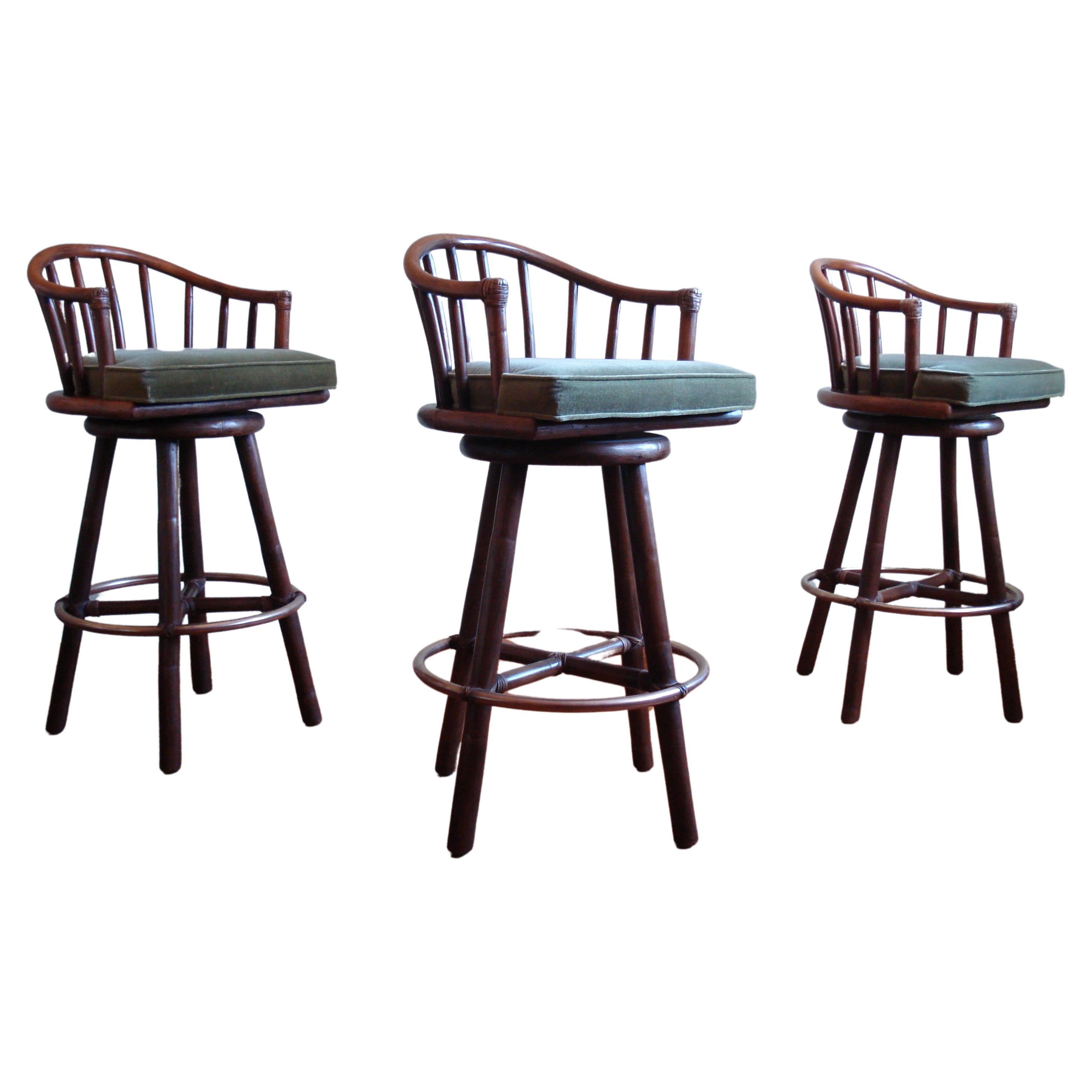 Vintage Rattan Barstool by McGuire, Set of 3 For Sale