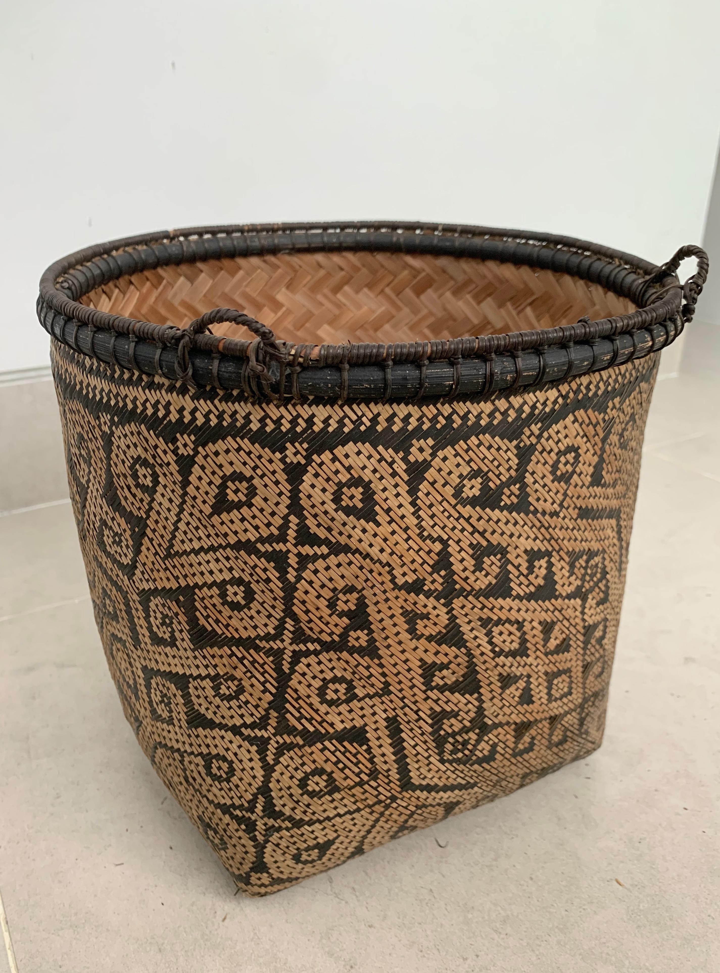 Contemporary Vintage Rattan Basket Dayak Tribe Hand-Woven Tribal Pattern Borneo, Indonesia