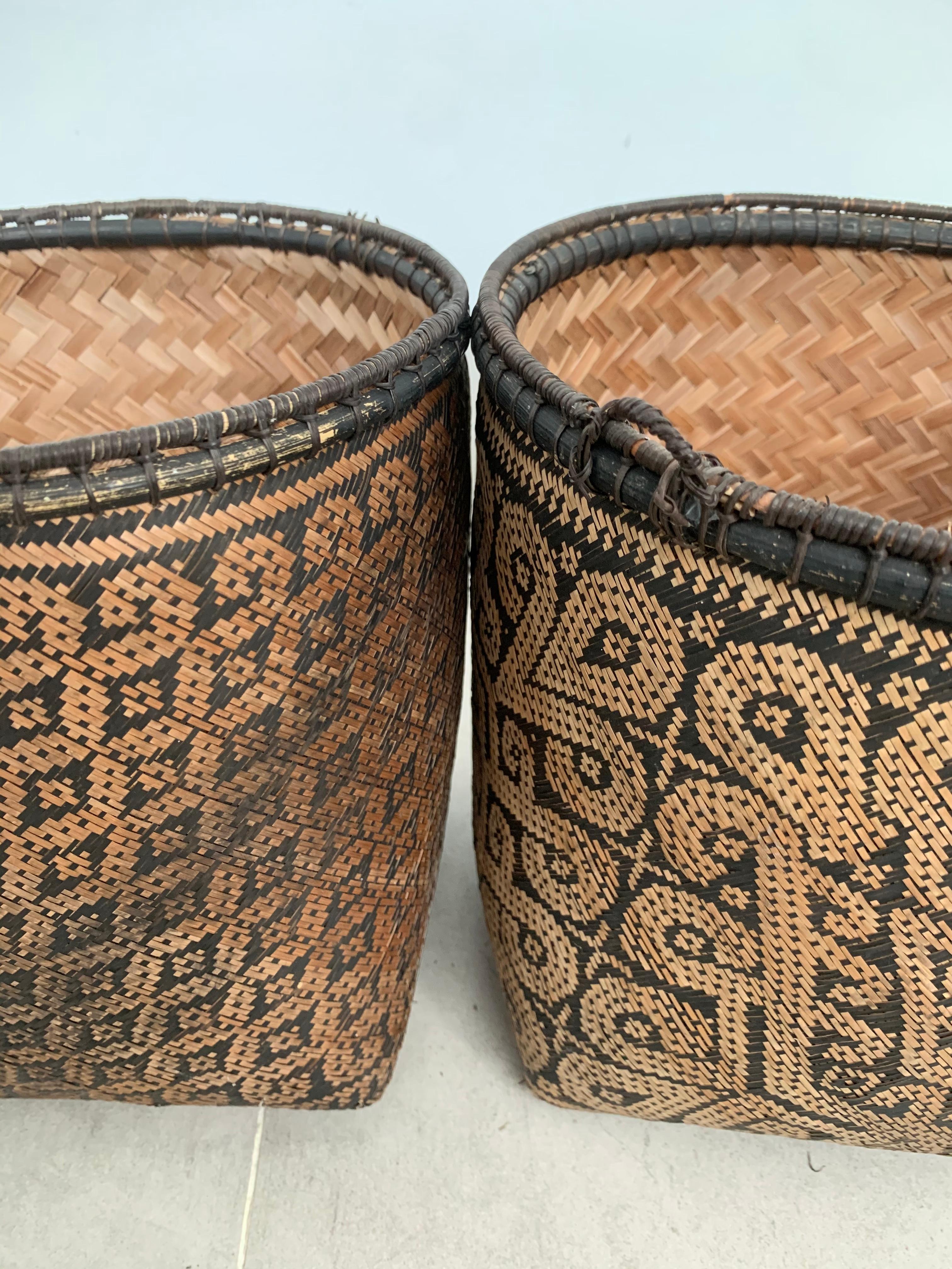 Vintage Rattan Basket Dayak Tribe Hand-Woven Tribal Pattern Borneo, Indonesia 1