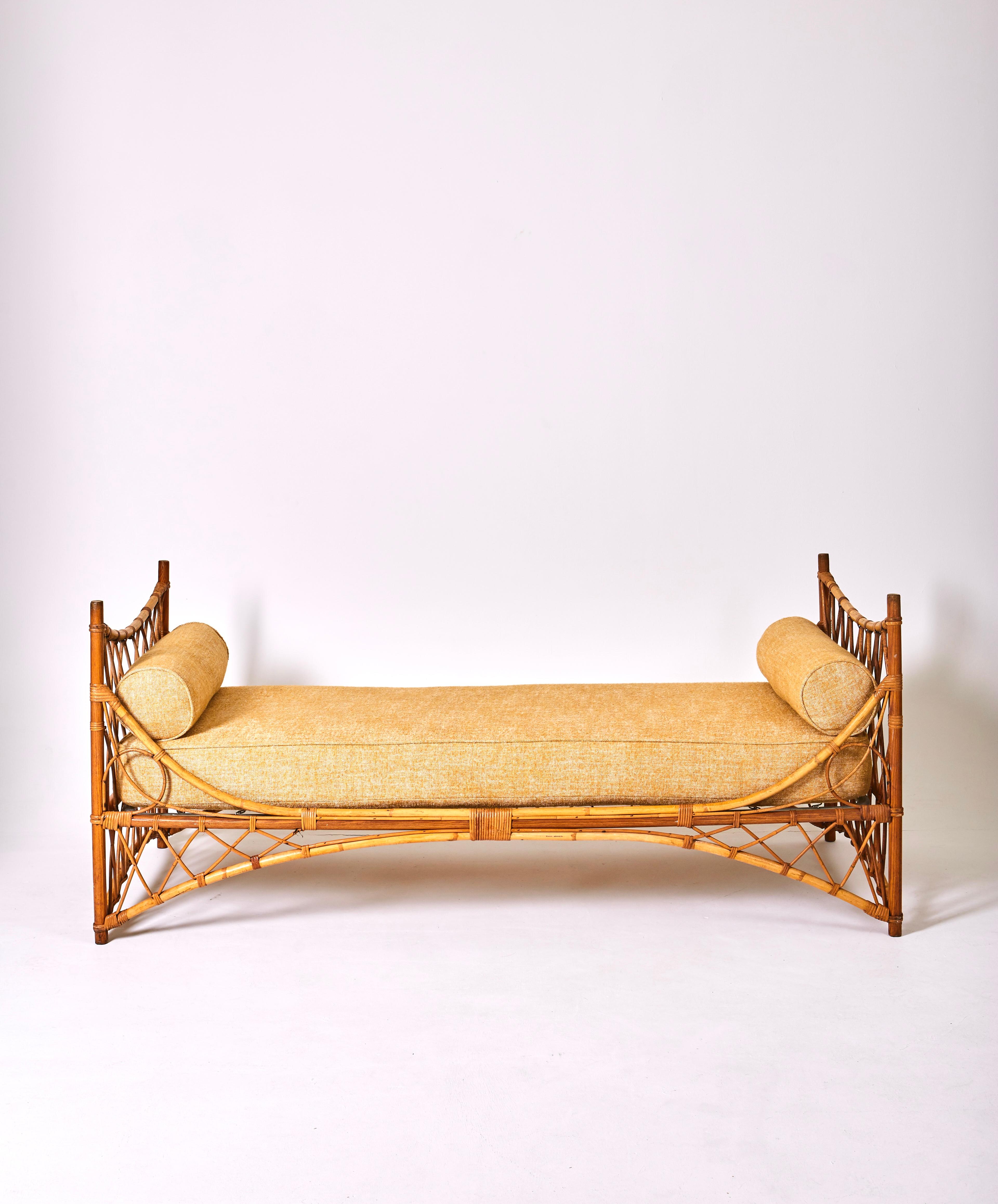 Bench or bed of rest in rattan. French work from the 1960s. Entirely reupholstered in high quality fabric Pierre Frey arsene honey color. Dimensions h93 X l195x d90.