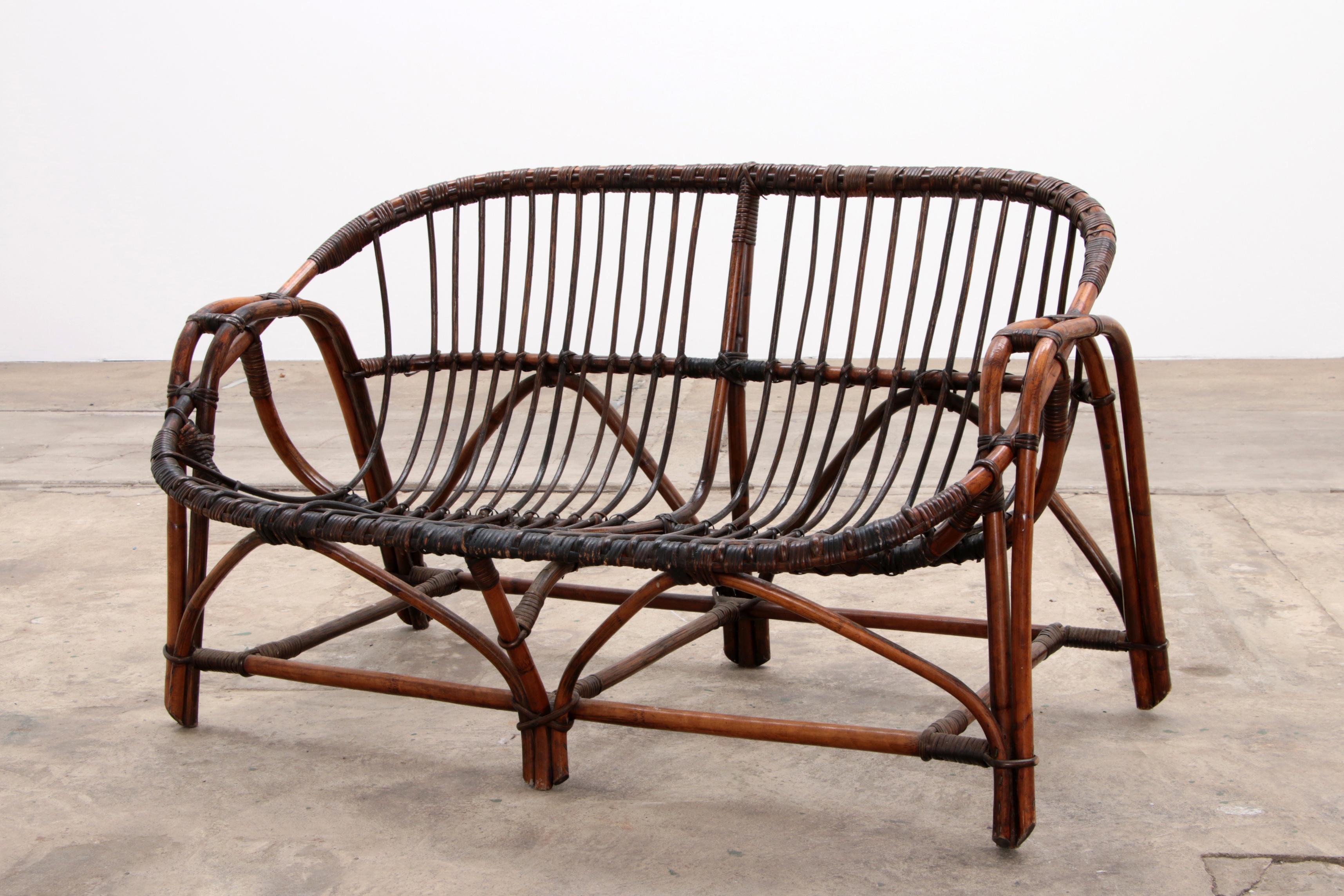 Bohemian Vintage Rattan Bench - French Design, 1970s For Sale