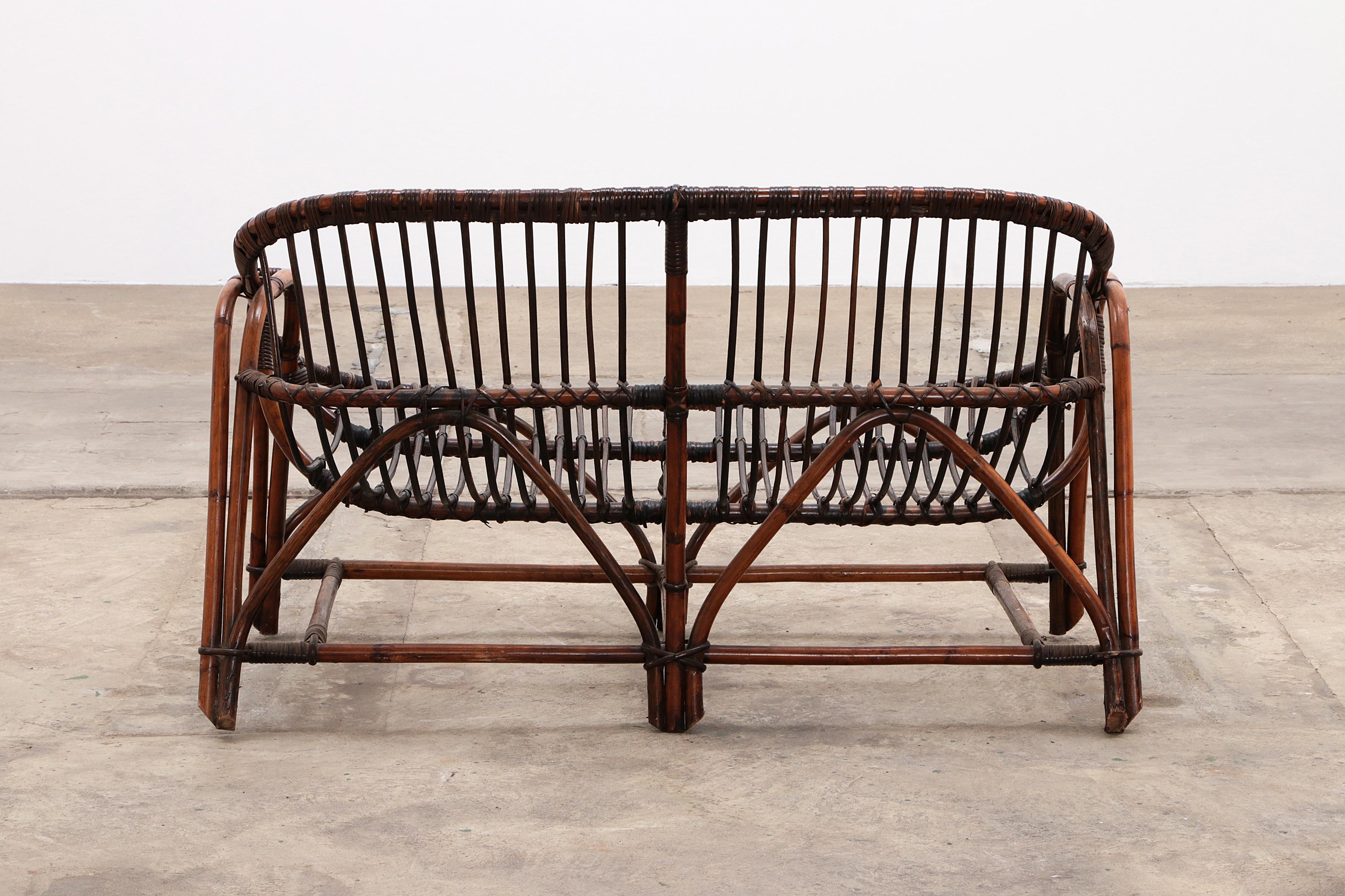 Bamboo Vintage Rattan Bench - French Design, 1970s For Sale