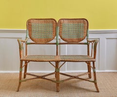 Vintage Rattan Bench with Elegant Woven Details in Green, France, 1930s