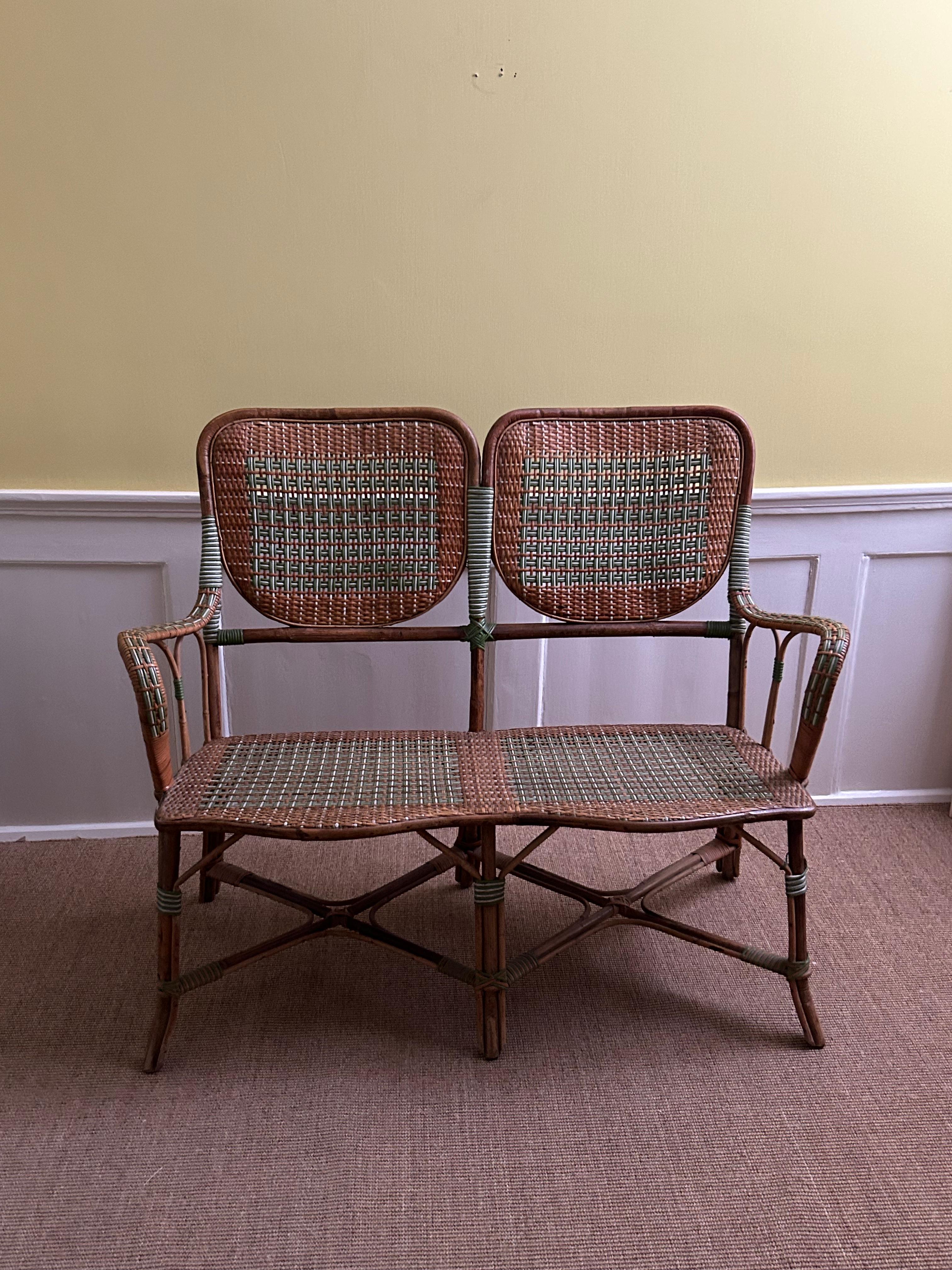 French Vintage Rattan Bench with Elegant Woven Details in Green, France, 1930s For Sale