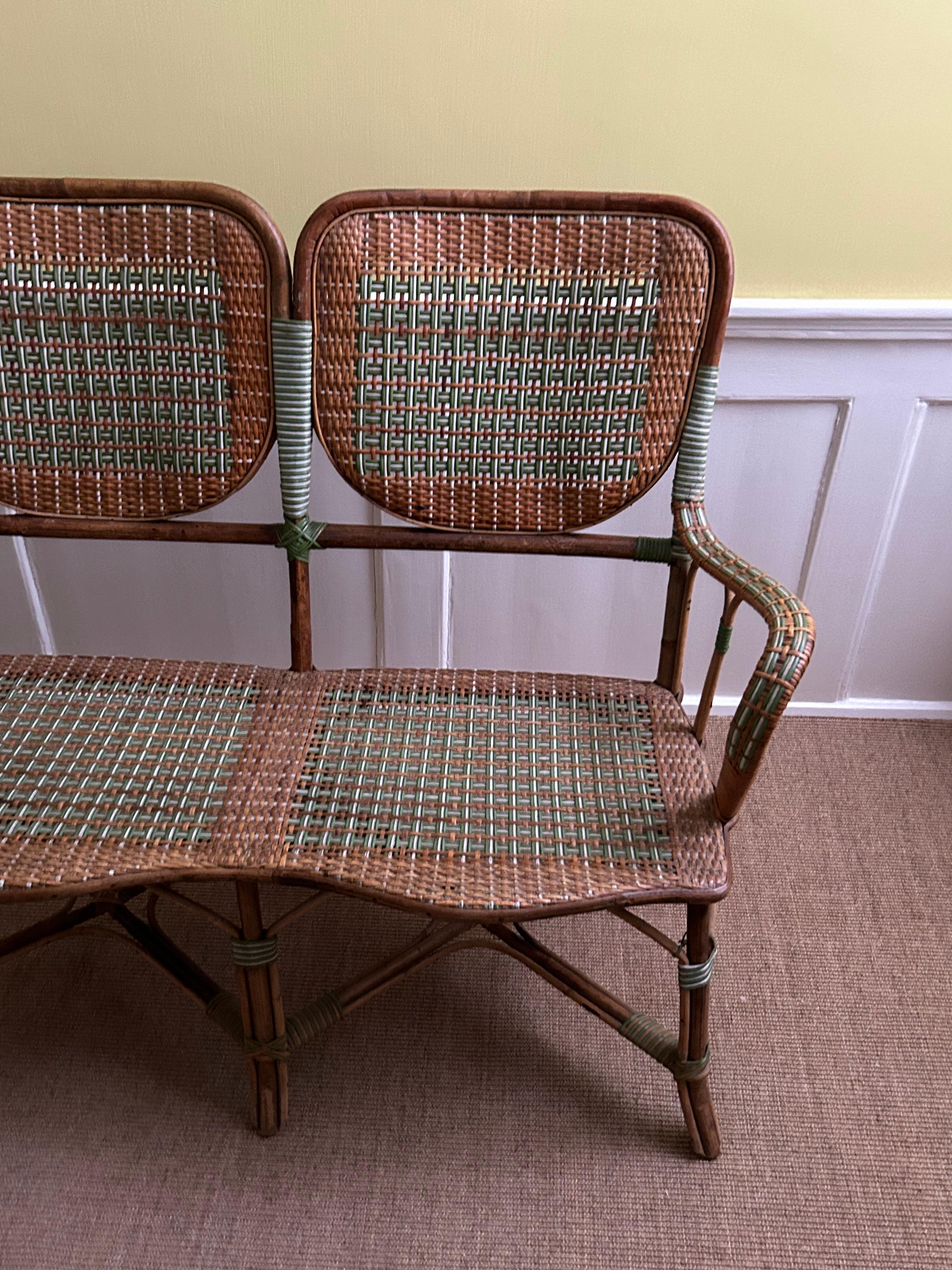 Hand-Woven Vintage Rattan Bench with Elegant Woven Details in Green, France, 1930s For Sale