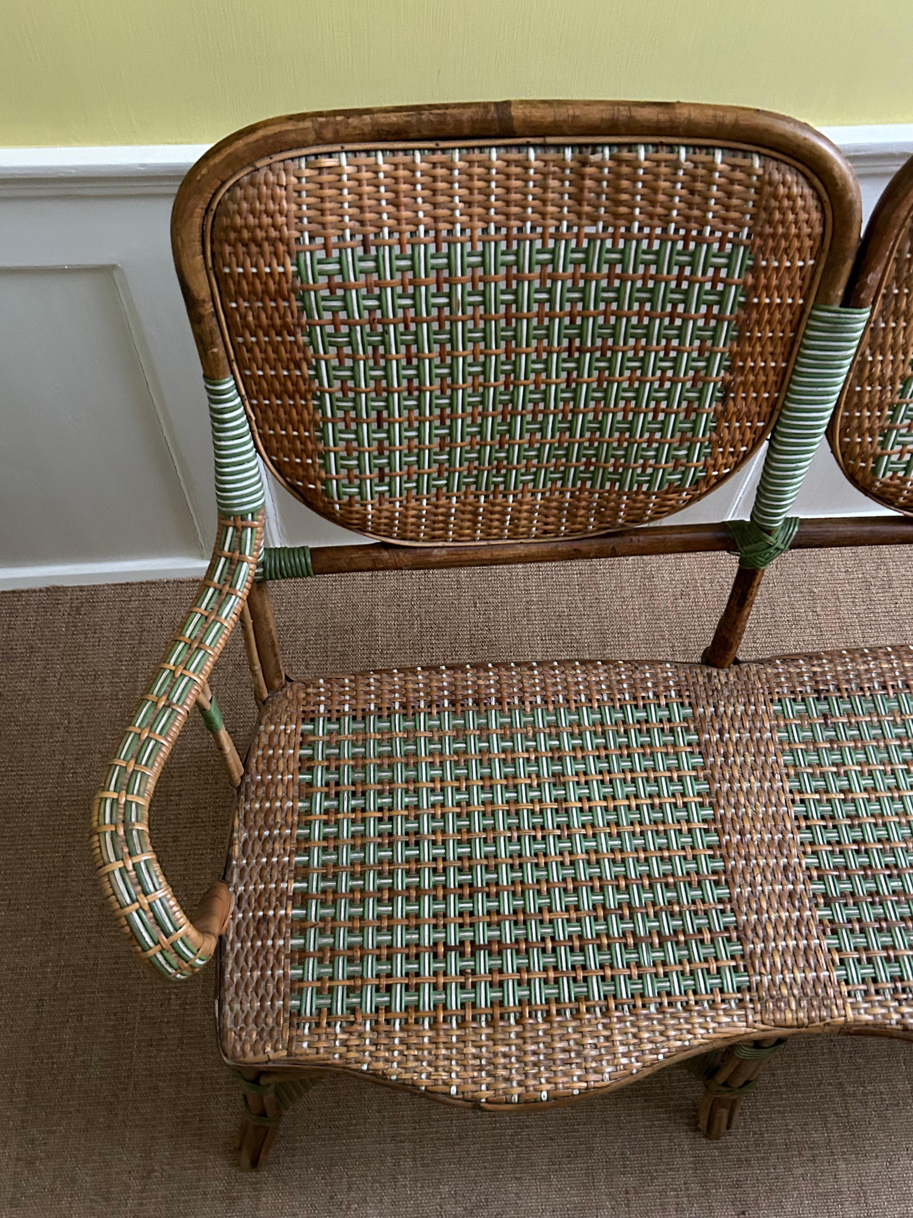 Mid-20th Century Vintage Rattan Bench with Elegant Woven Details in Green, France, 1930s For Sale