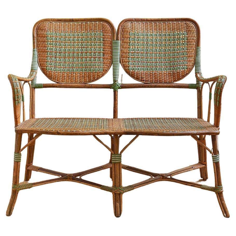 Vintage Rattan Bench with Elegant Woven Details in Green, France, 1930s ...