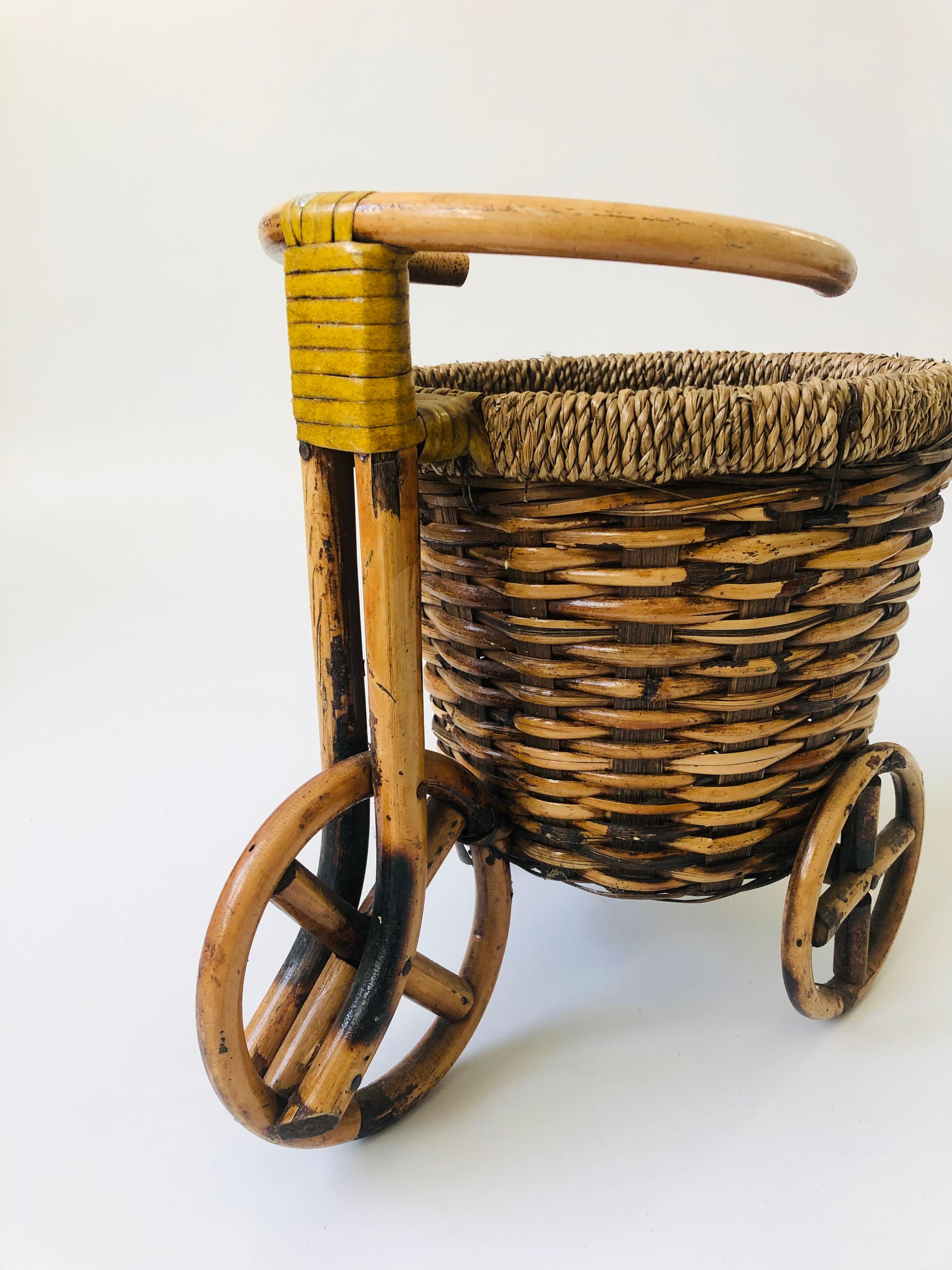 20th Century Vintage Rattan Bicycle Plant Basket For Sale