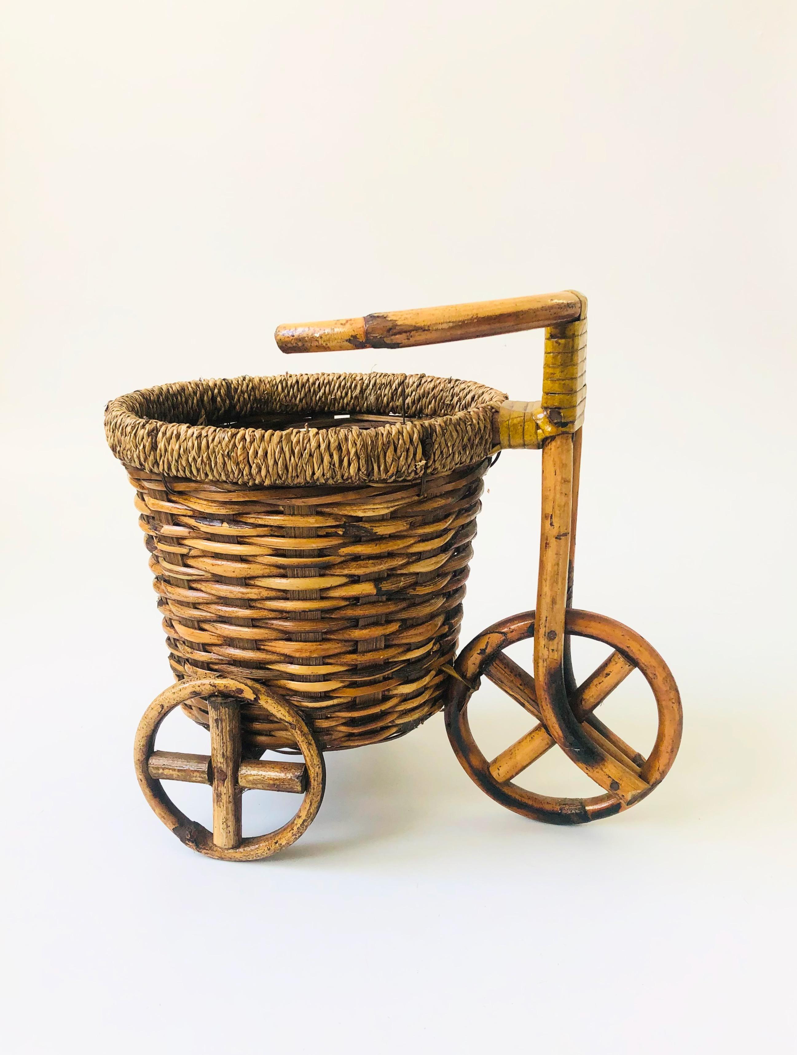 Vintage Rattan Bicycle Plant Basket For Sale 1