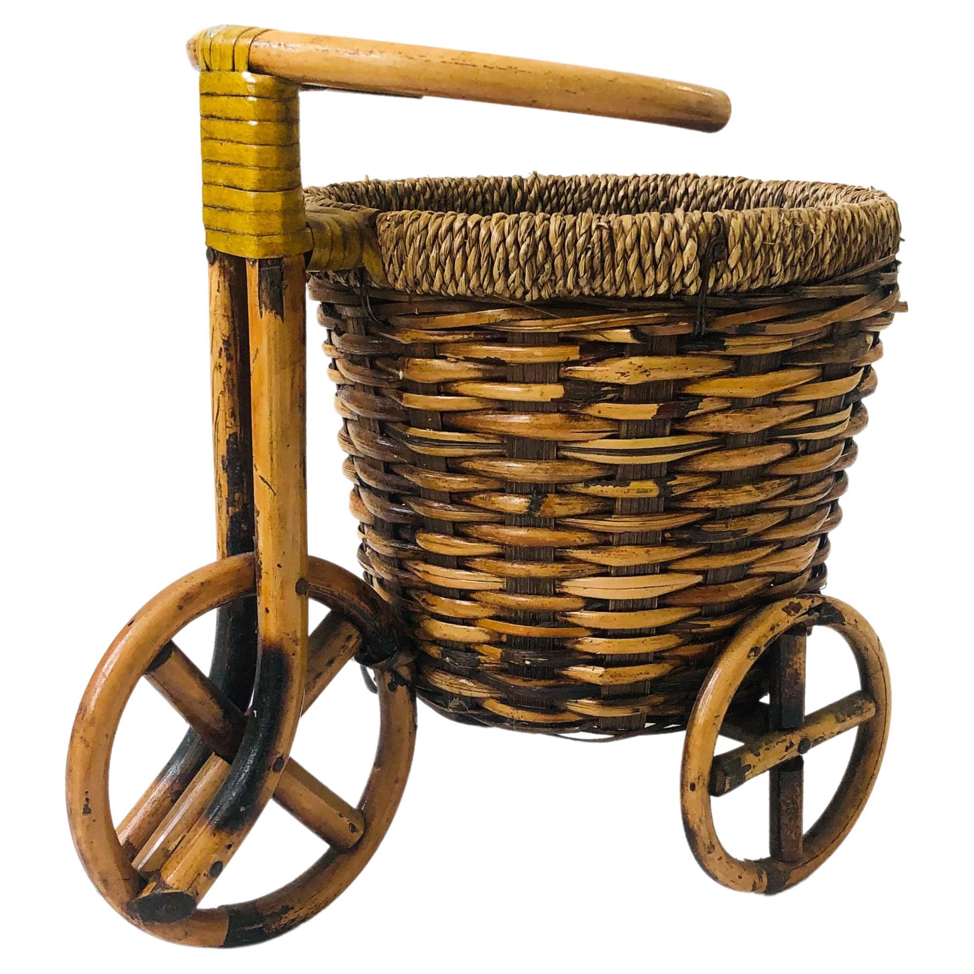 Vintage Rattan Bicycle Plant Basket For Sale