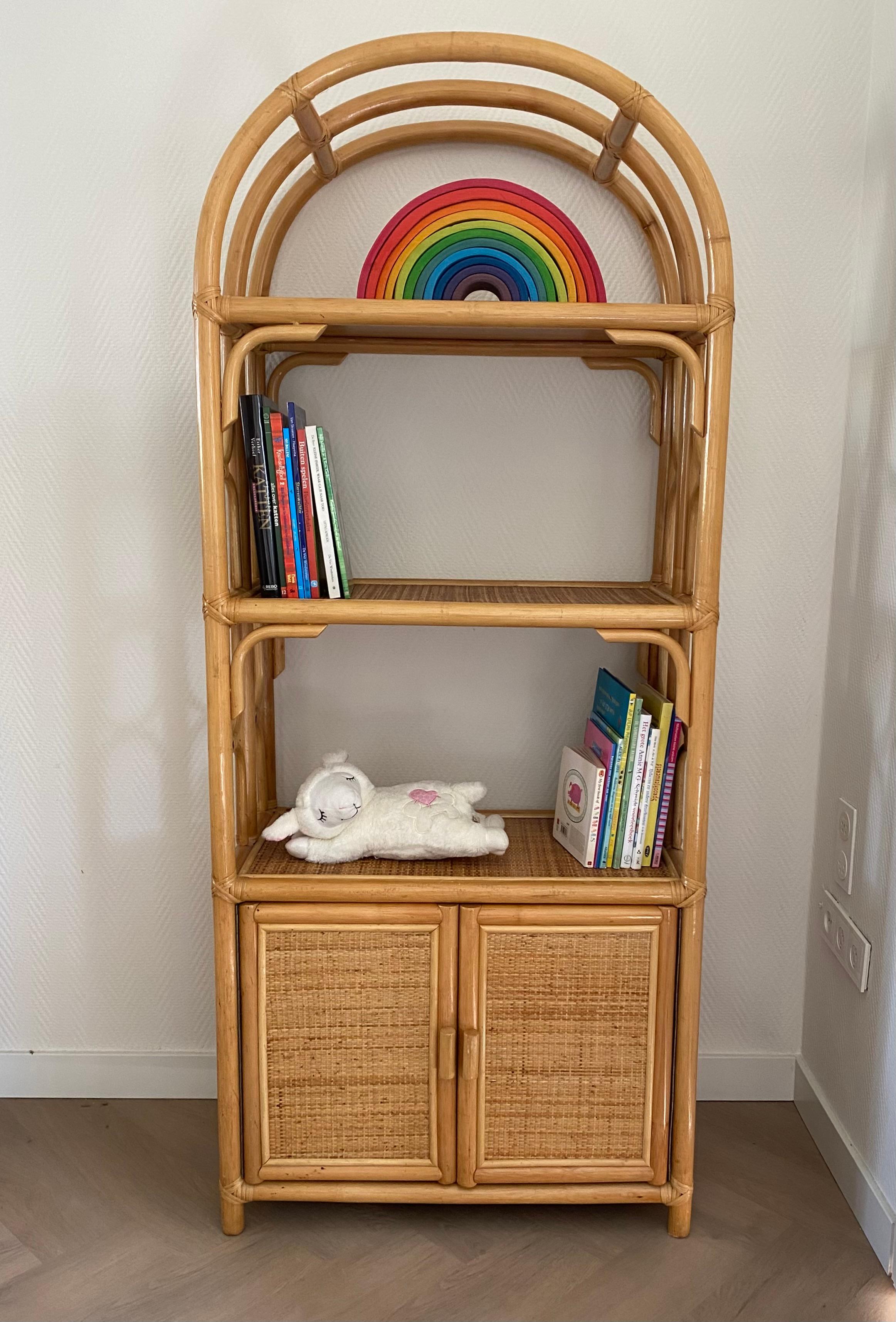 Vintage Rattan Boho Chic Bookcase, Cabinet with doors Ca. 1970s For Sale 9