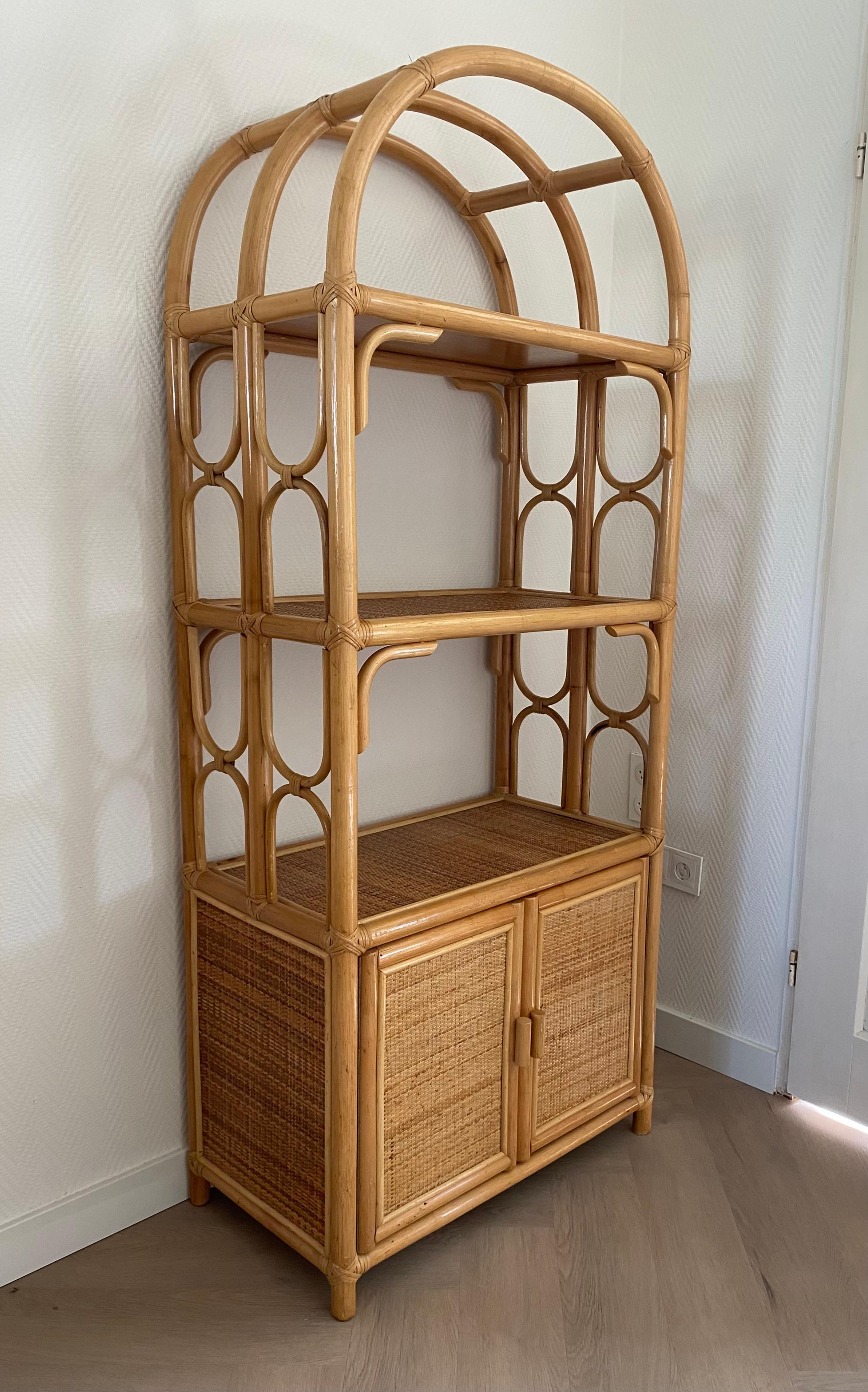 Bohemian Vintage Rattan Boho Chic Bookcase, Cabinet with doors Ca. 1970s For Sale