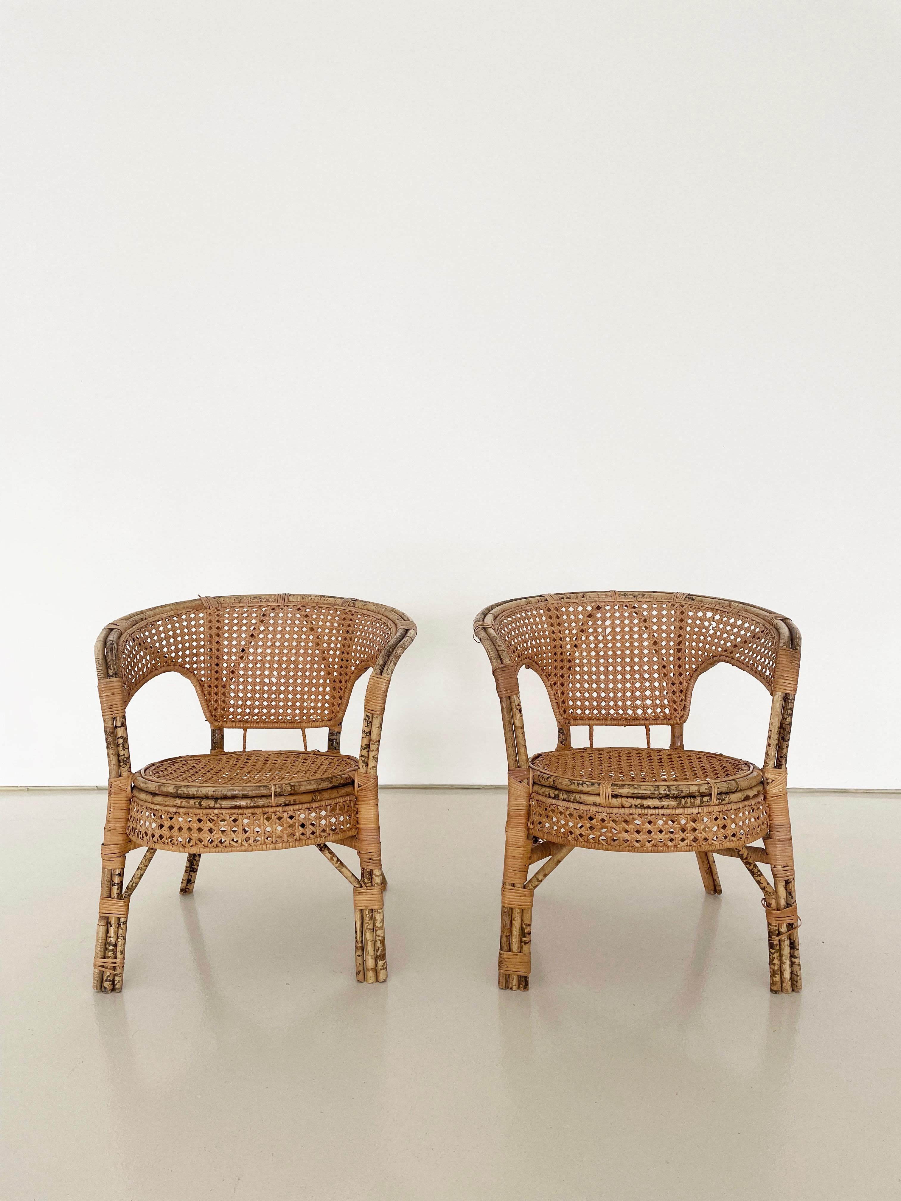 Mid-Century Modern Vintage Rattan & Cane Armchairs, Set of 2 For Sale