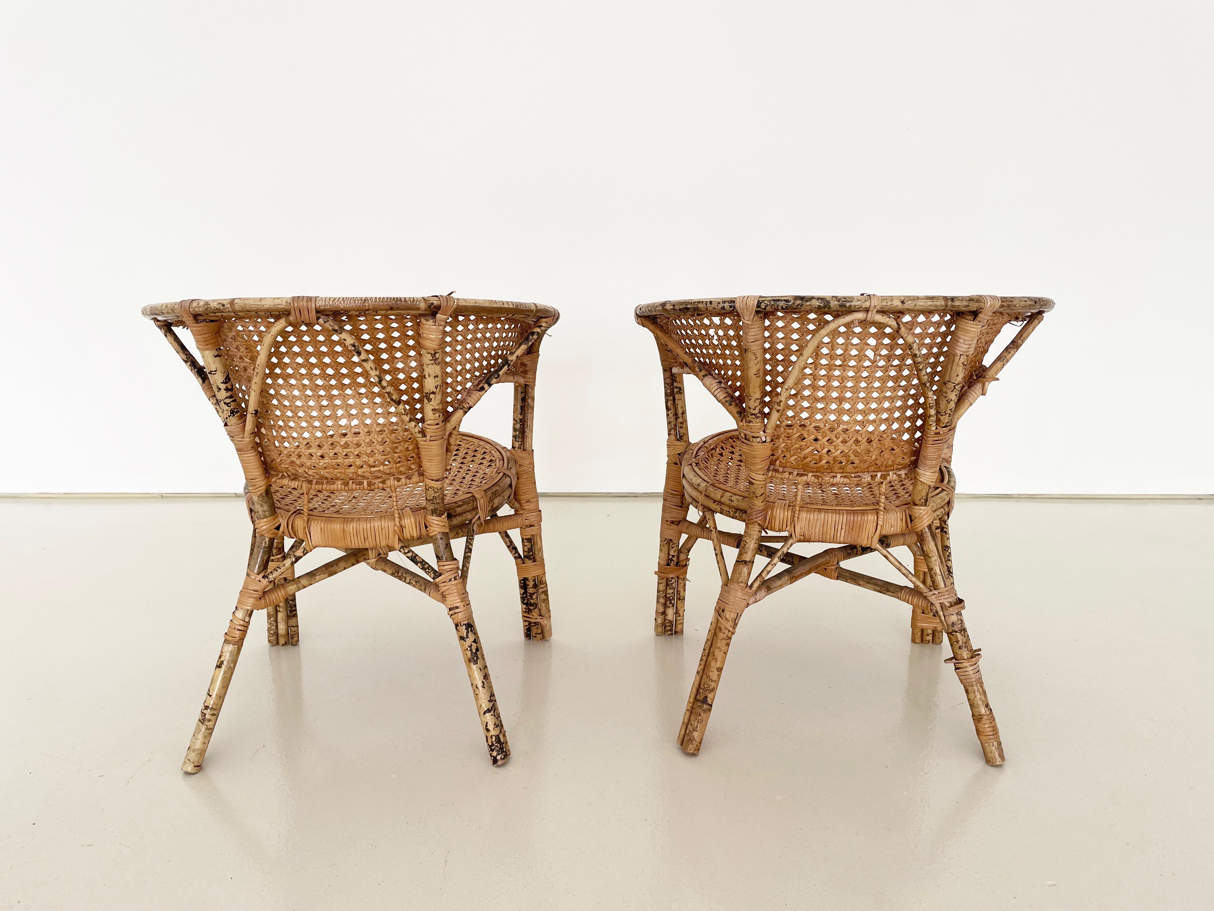 Woven Vintage Rattan & Cane Armchairs, Set of 2 For Sale