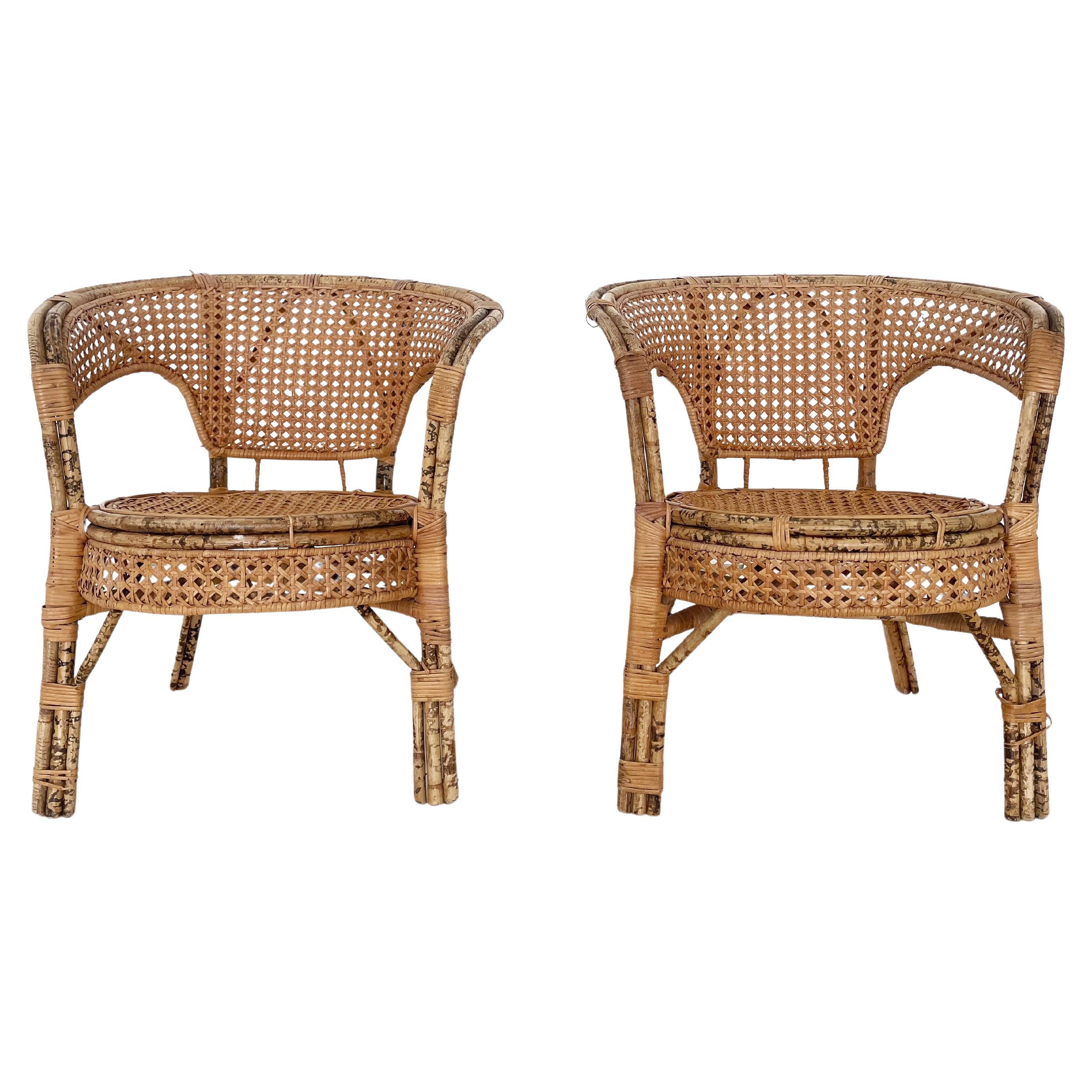 Vintage Rattan & Cane Armchairs, Set of 2 For Sale