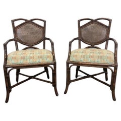 Vintage Rattan Cane Faux Bamboo Arms Chairs, Pair A