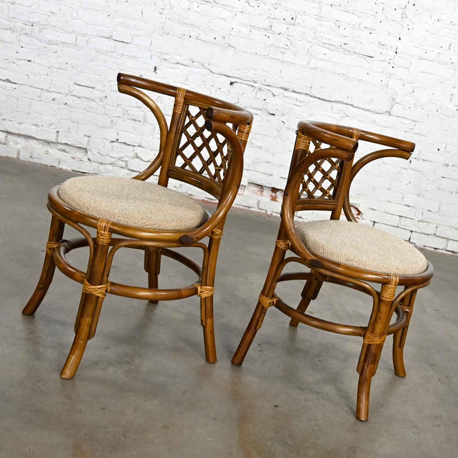 Campaign Vintage Rattan & Cane Pair of Side Chairs Woven Diamond Yoke Back Off-White Twee
