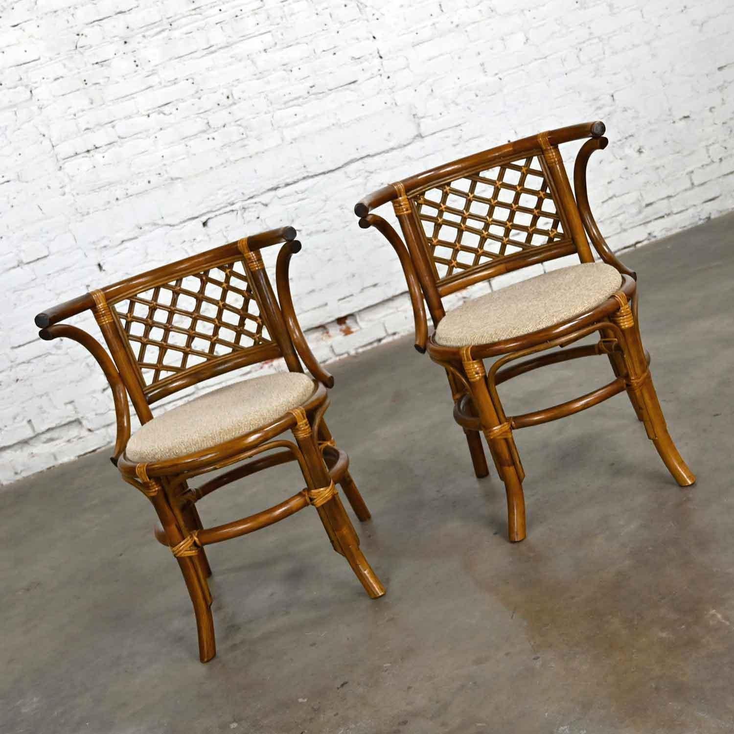 Unknown Vintage Rattan & Cane Pair of Side Chairs Woven Diamond Yoke Back Off-White Twee