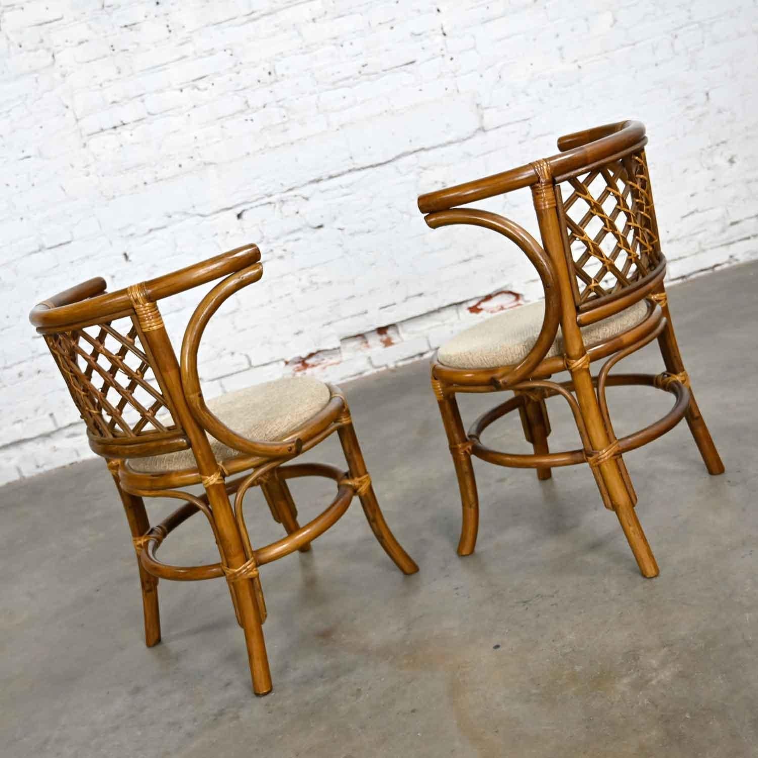 20th Century Vintage Rattan & Cane Pair of Side Chairs Woven Diamond Yoke Back Off-White Twee