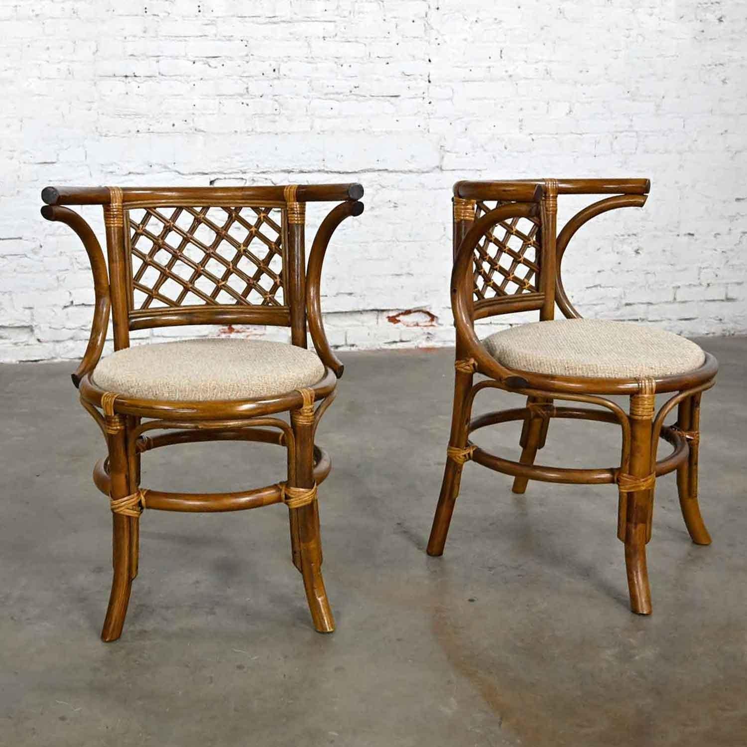 Vintage Rattan & Cane Pair of Side Chairs Woven Diamond Yoke Back Off-White Twee 1