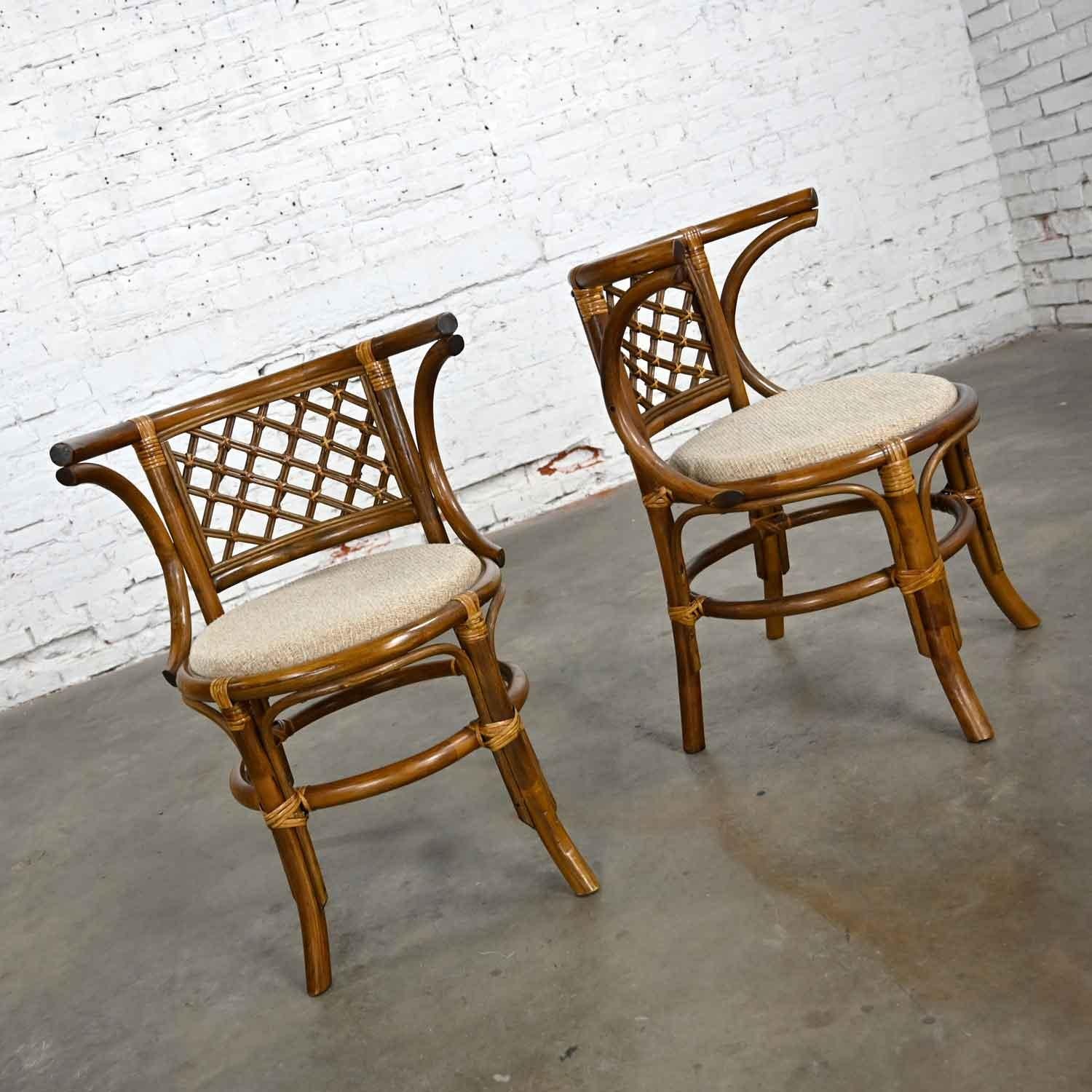 Vintage Rattan & Cane Pair of Side Chairs Woven Diamond Yoke Back Off-White Twee 2