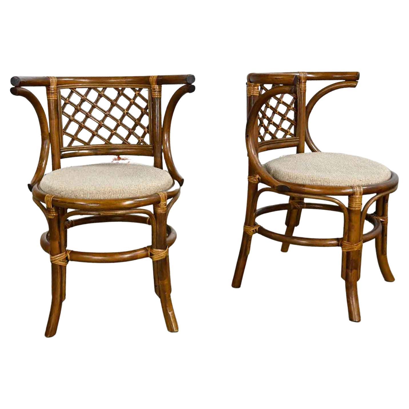 Vintage Rattan & Cane Pair of Side Chairs Woven Diamond Yoke Back Off-White Twee