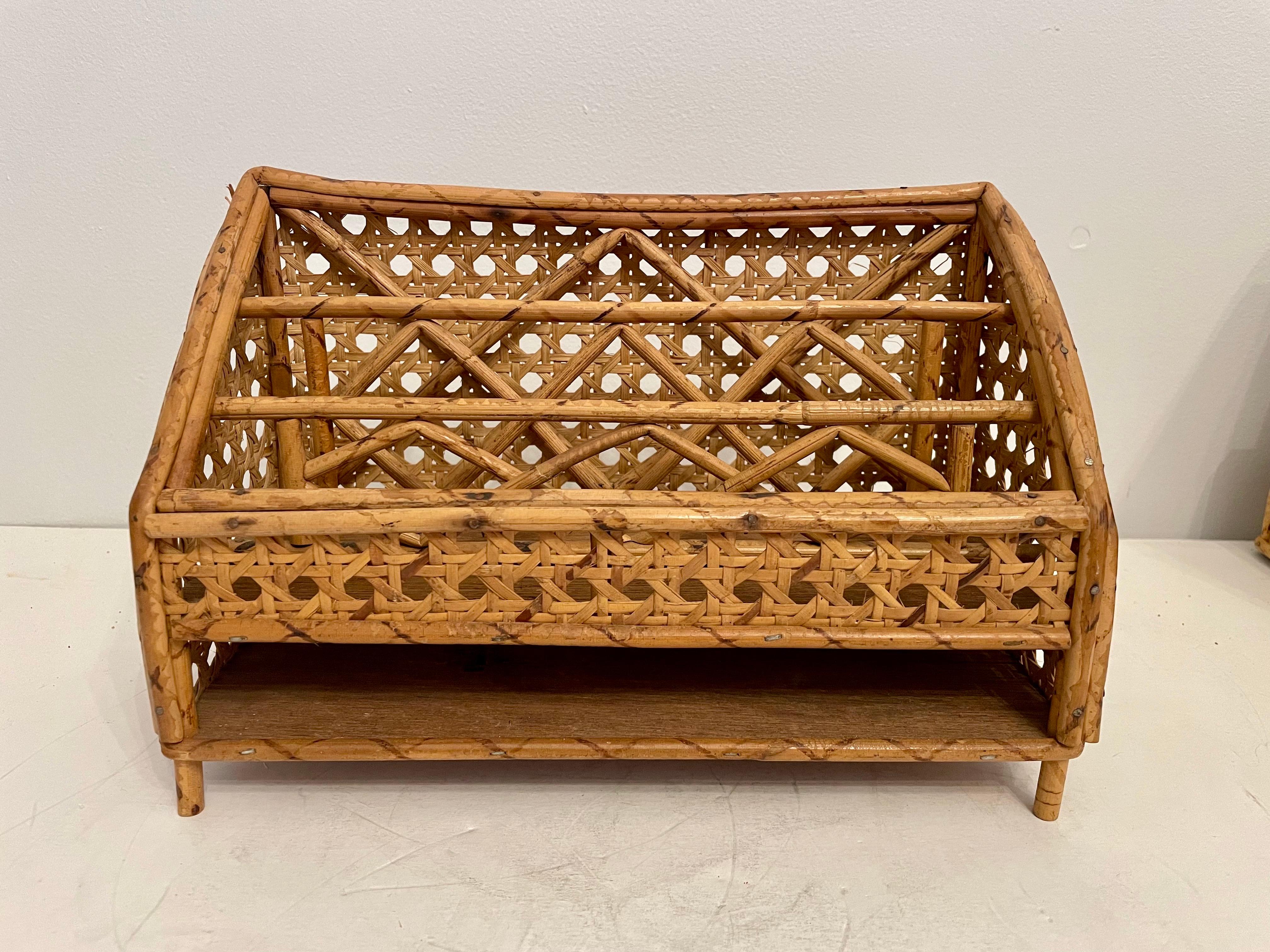 Vintage Rattan Caned Letter Holder or Desk Organizer. Three compartments on top and a large area on bottom. Good condition and sturdy, ready to use. 10.5