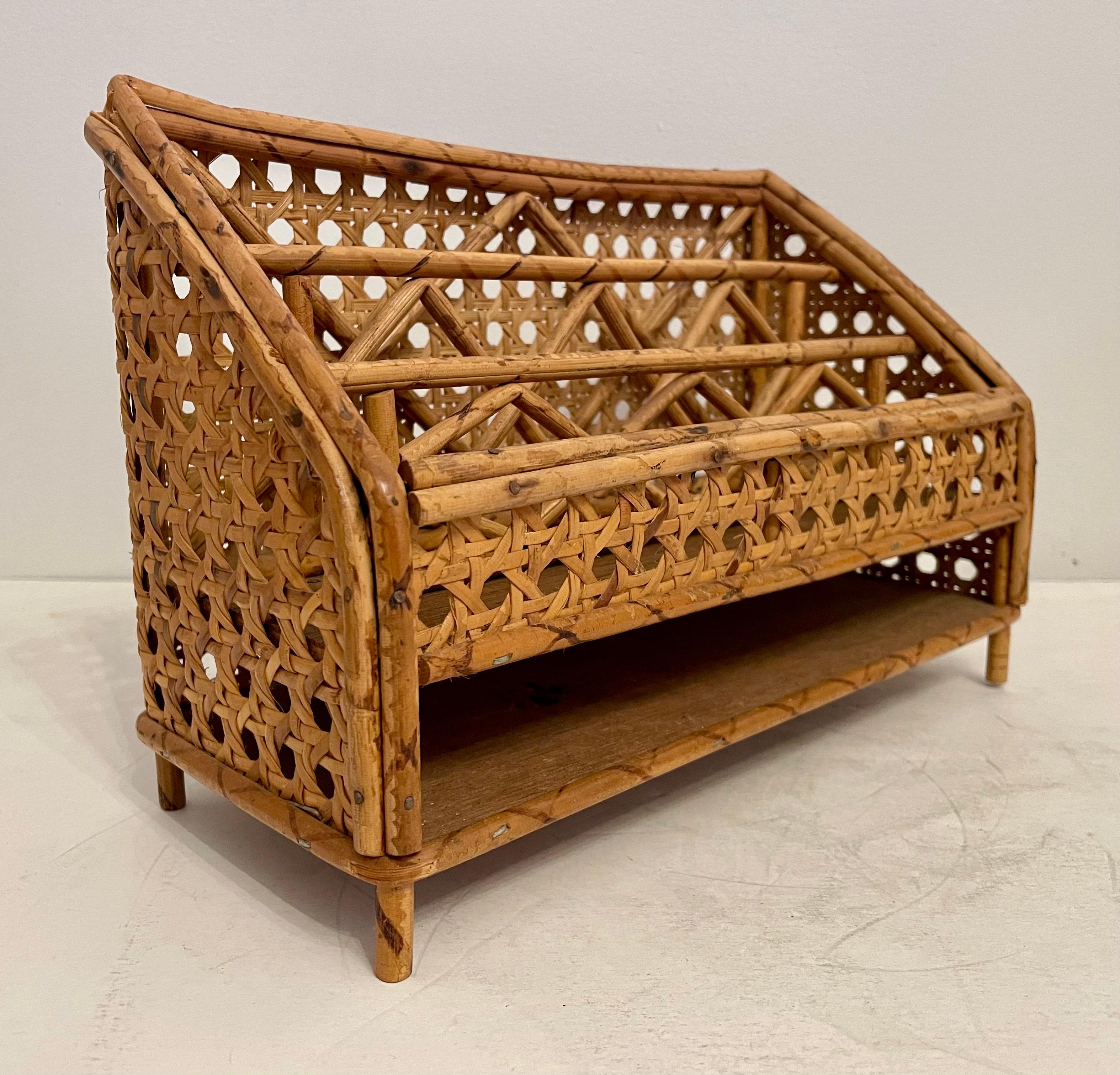 Vintage Rattan Caned Letter Holder Desk Organizer In Good Condition For Sale In New York, NY