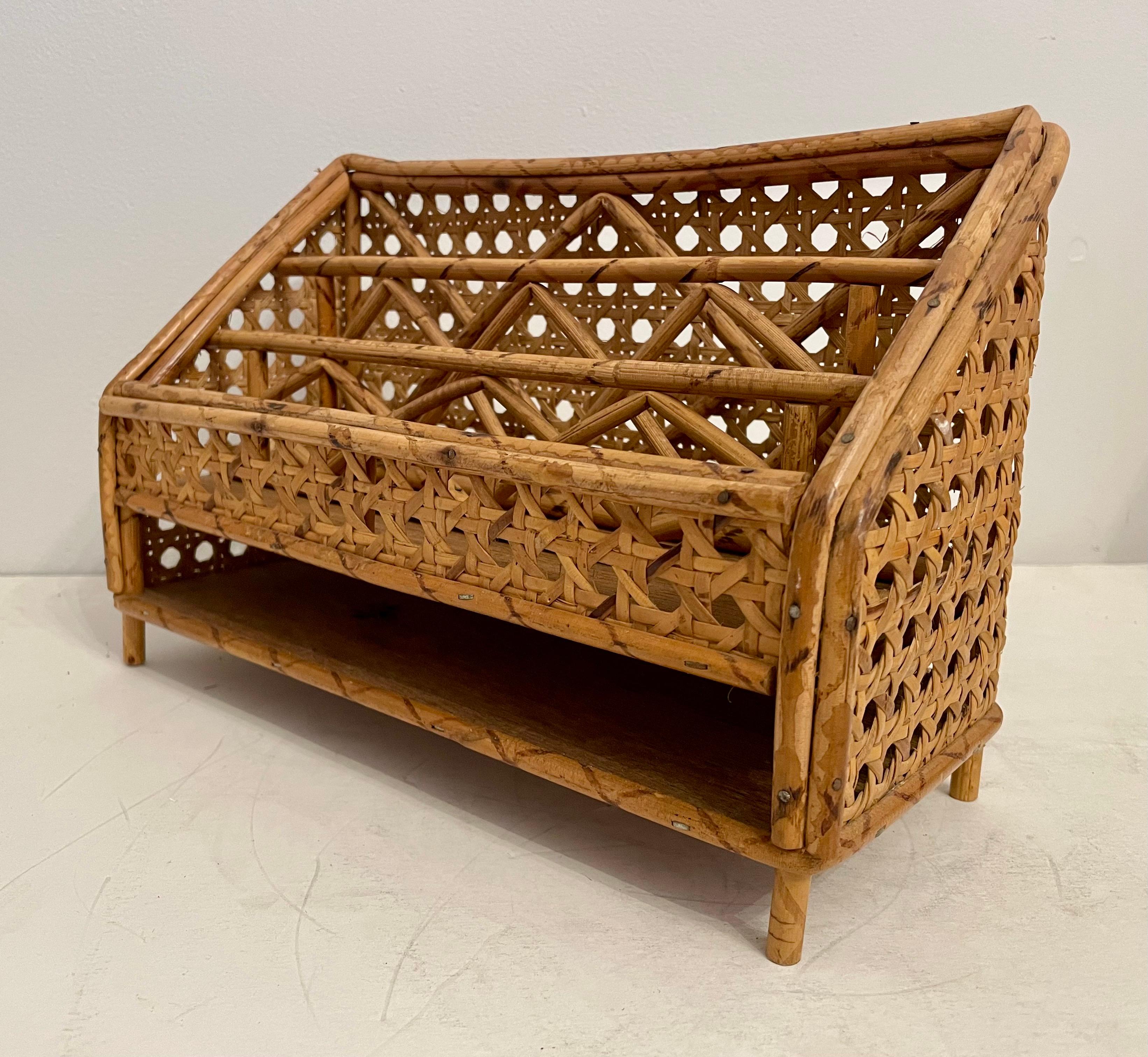 Vintage Rattan Caned Letter Holder Desk Organizer For Sale 1