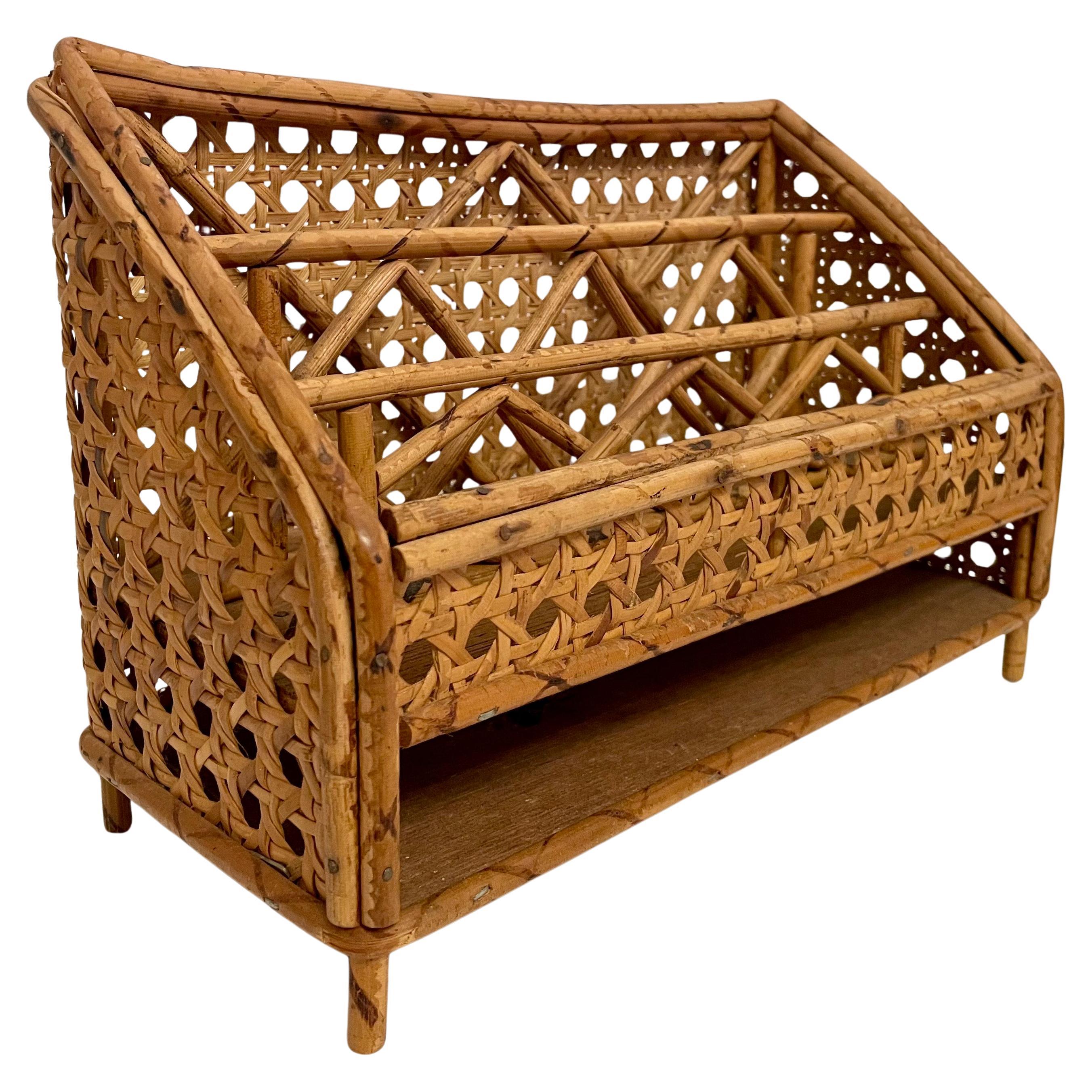 Vintage Rattan Caned Letter Holder Desk Organizer