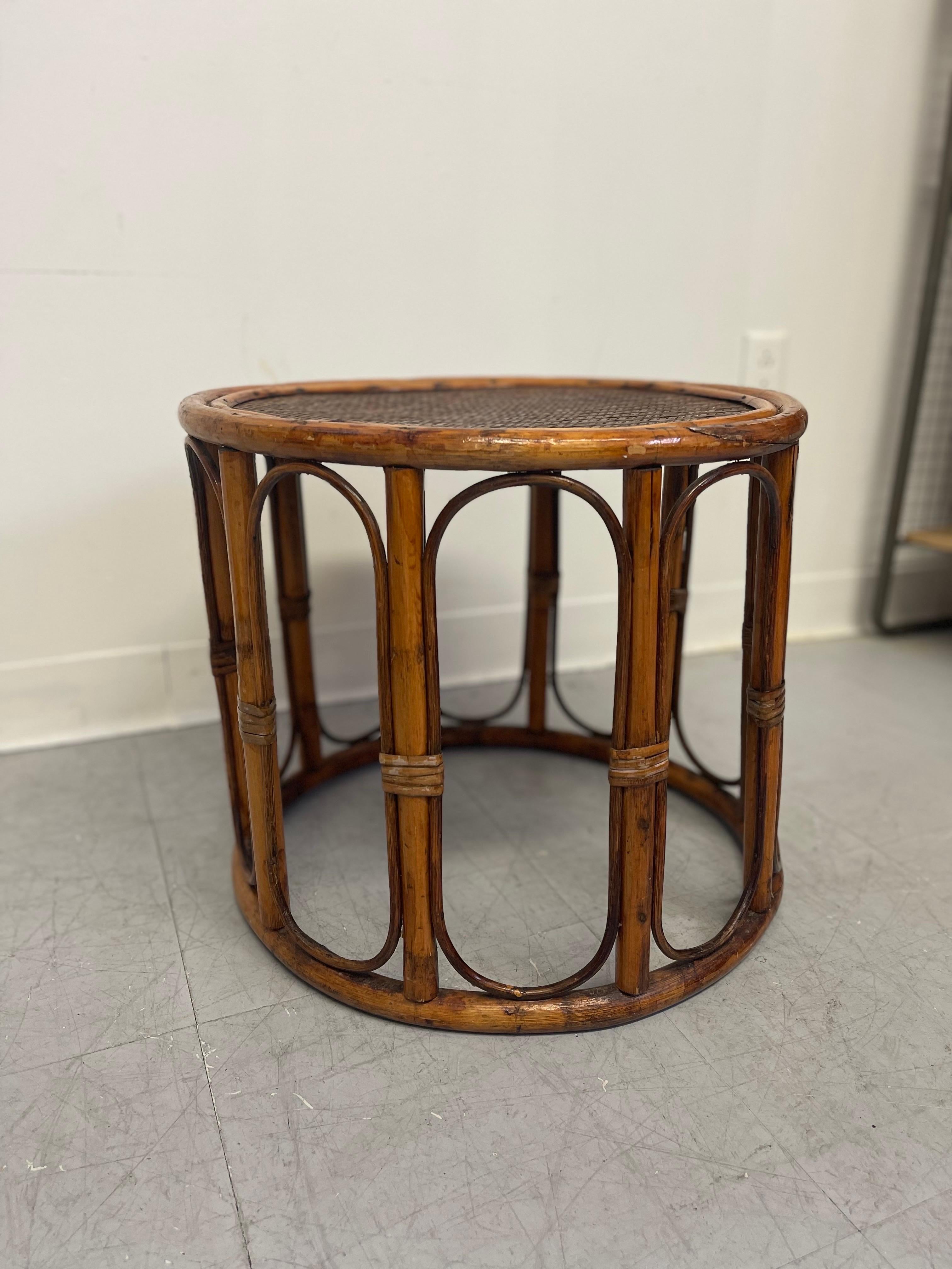 20th Century Vintage Rattan Caning Circular
Side Table For Sale