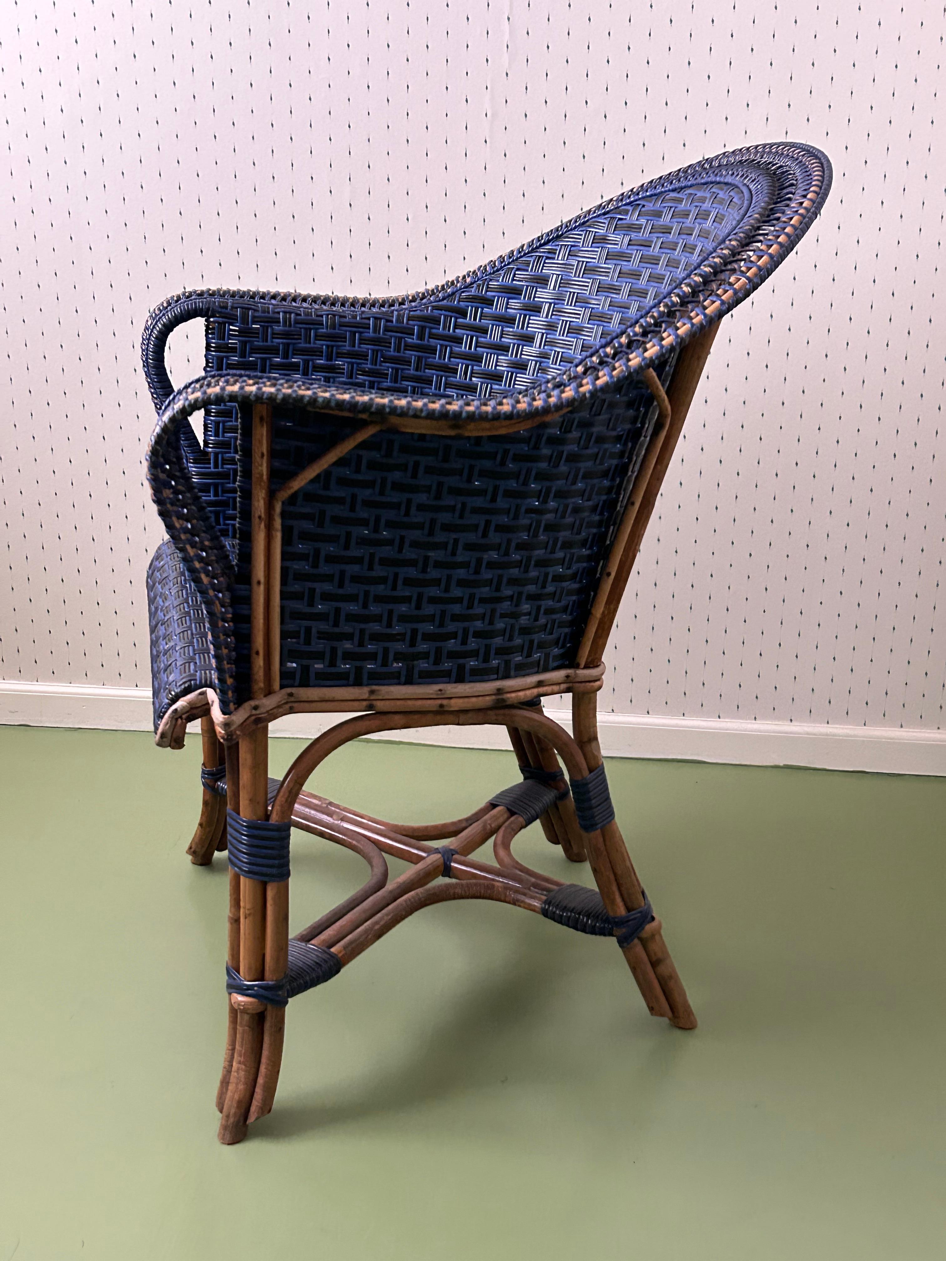 Vintage Rattan Chair in Black and Blue, France, Early 20th Century For Sale 7