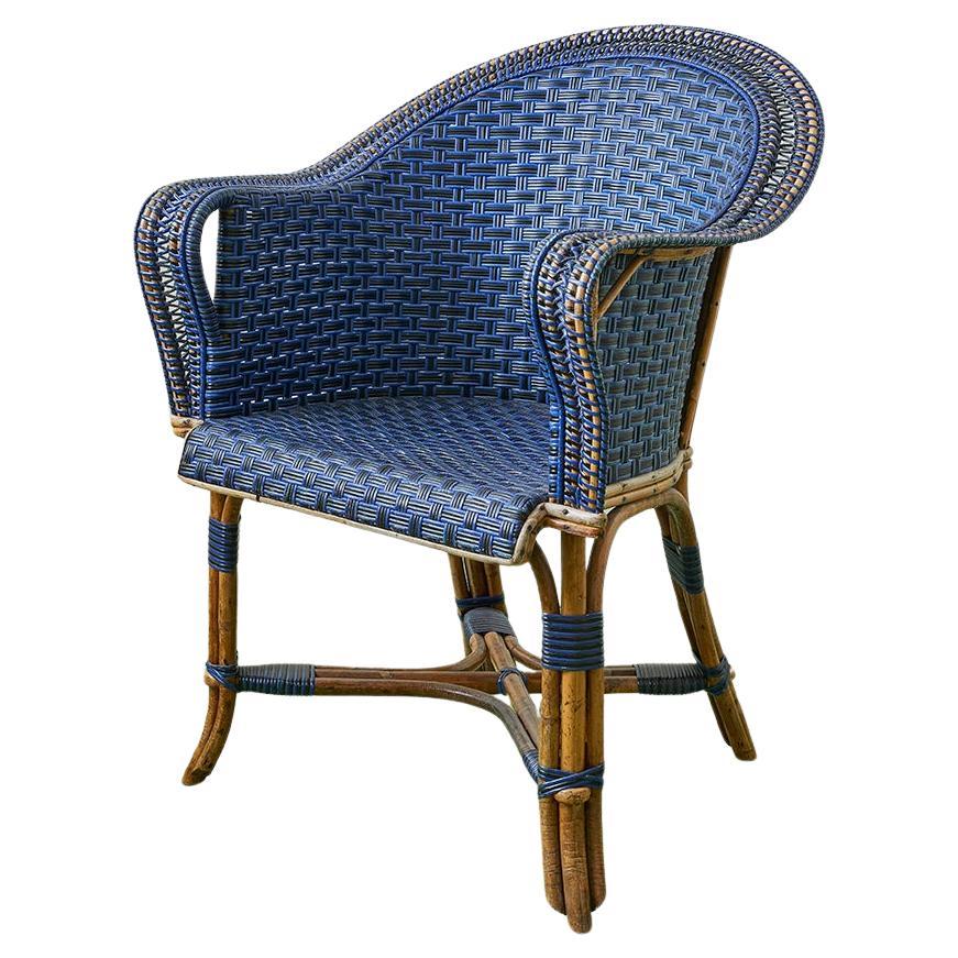 Vintage Rattan Chair in Black and Blue, France, Early 20th Century