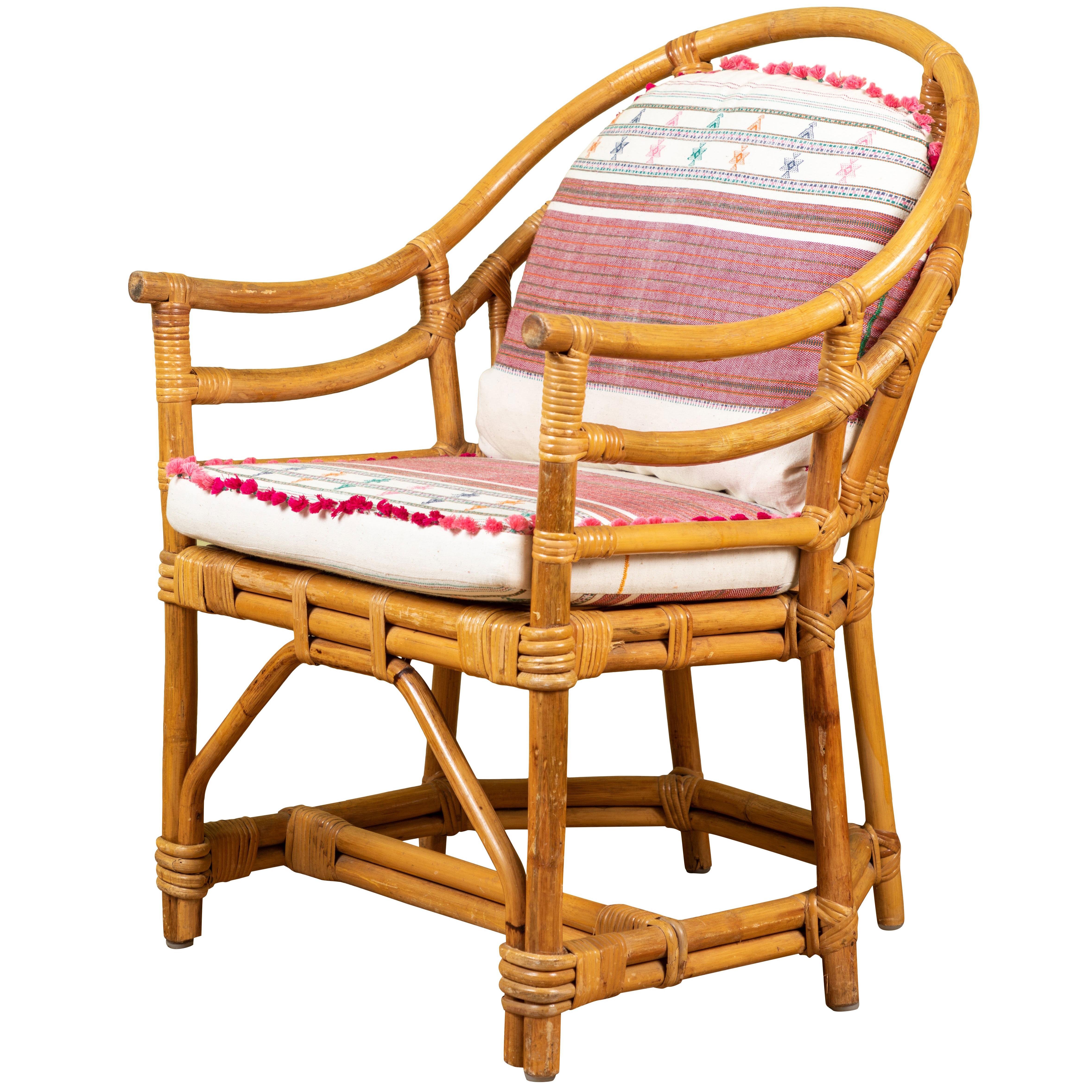 Vintage Rattan Chair with Injiri Cushions For Sale