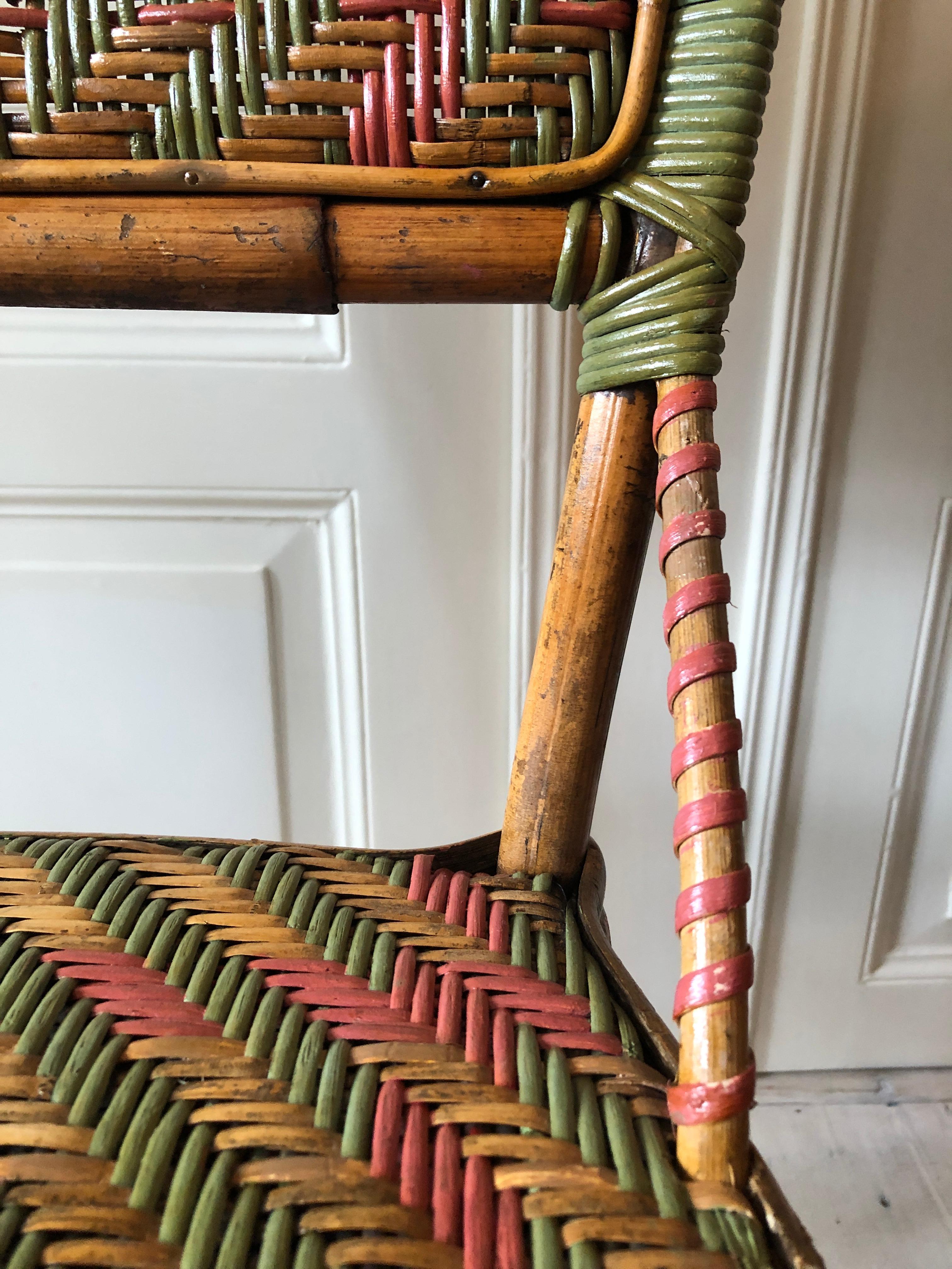 Vintage Rattan Chairs with Elegant Coral and Green Woven Details, France, 1930s 5