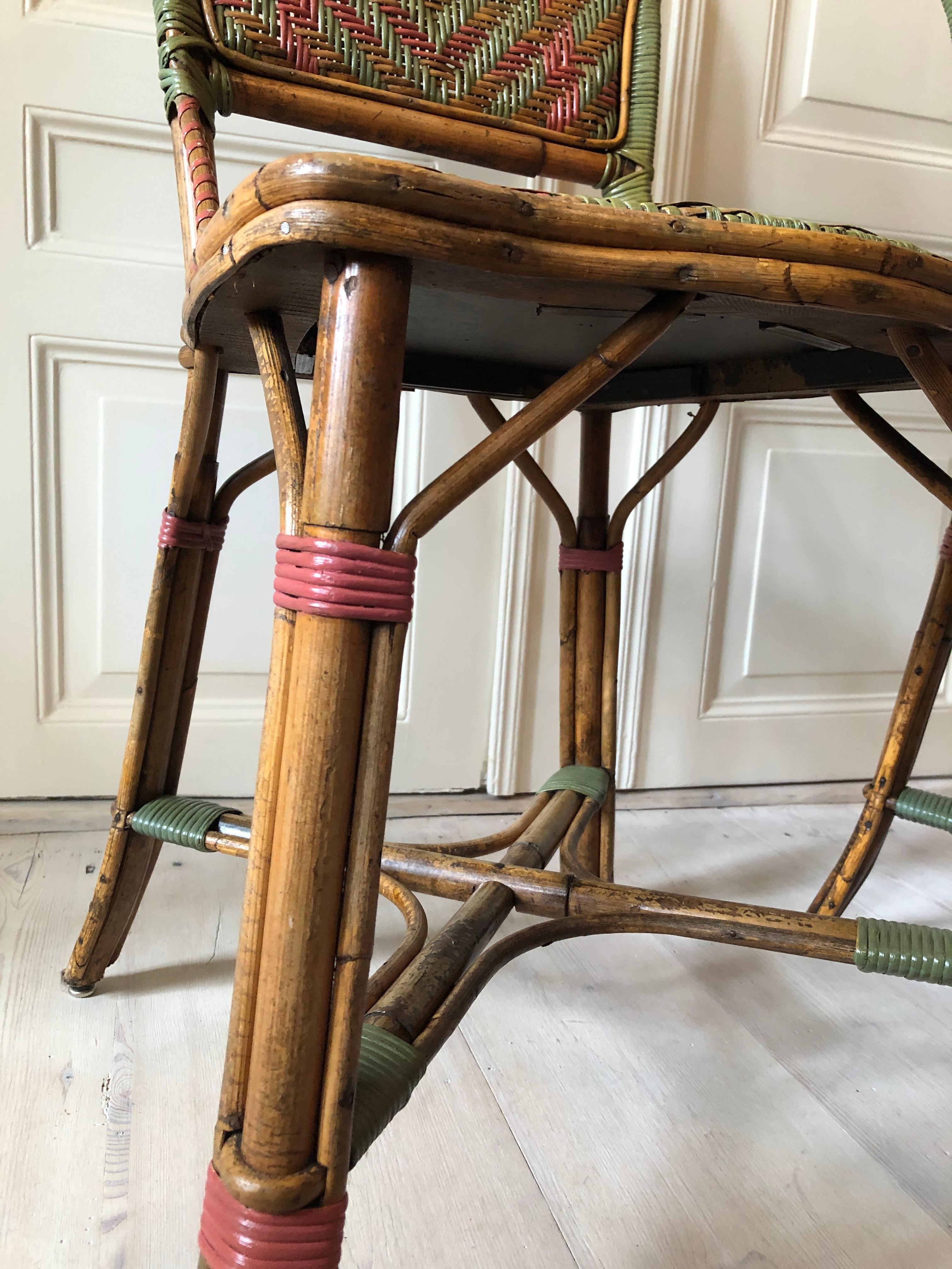 Vintage Rattan Chairs with Elegant Coral and Green Woven Details, France, 1930s 7