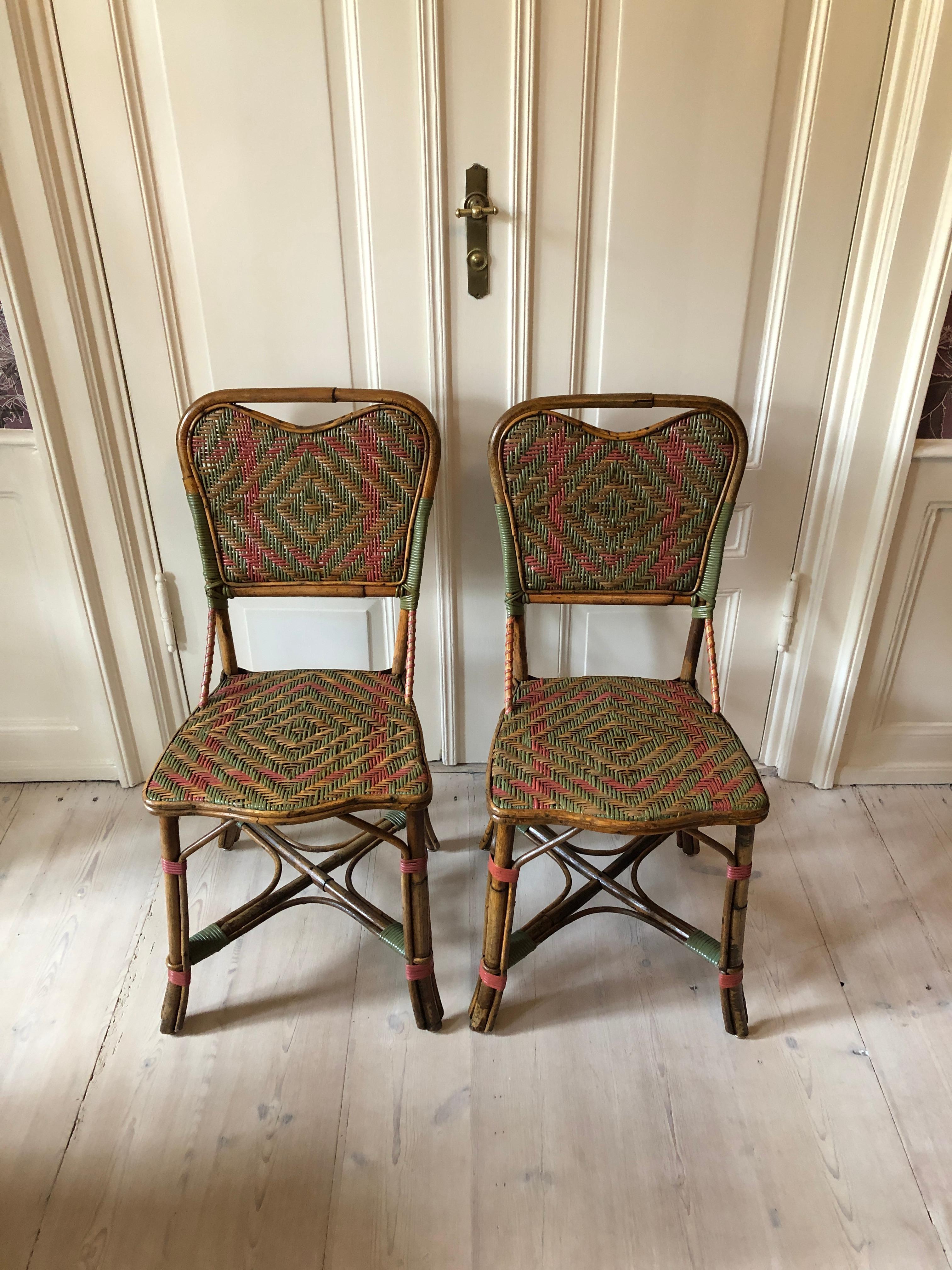 French Vintage Rattan Chairs with Elegant Coral and Green Woven Details, France, 1930s