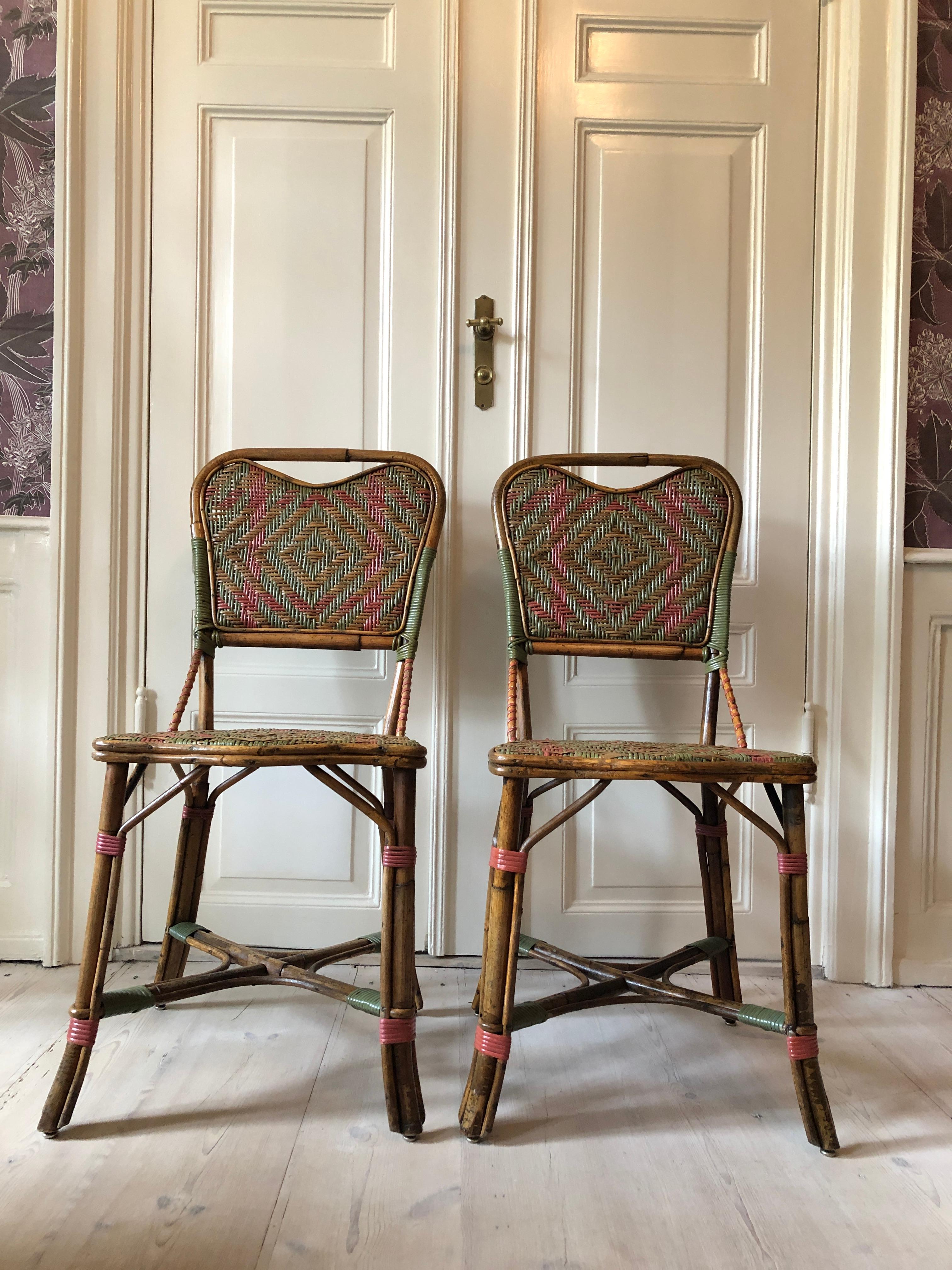 Vintage Rattan Chairs with Elegant Coral and Green Woven Details, France, 1930s In Good Condition In Copenhagen K, DK