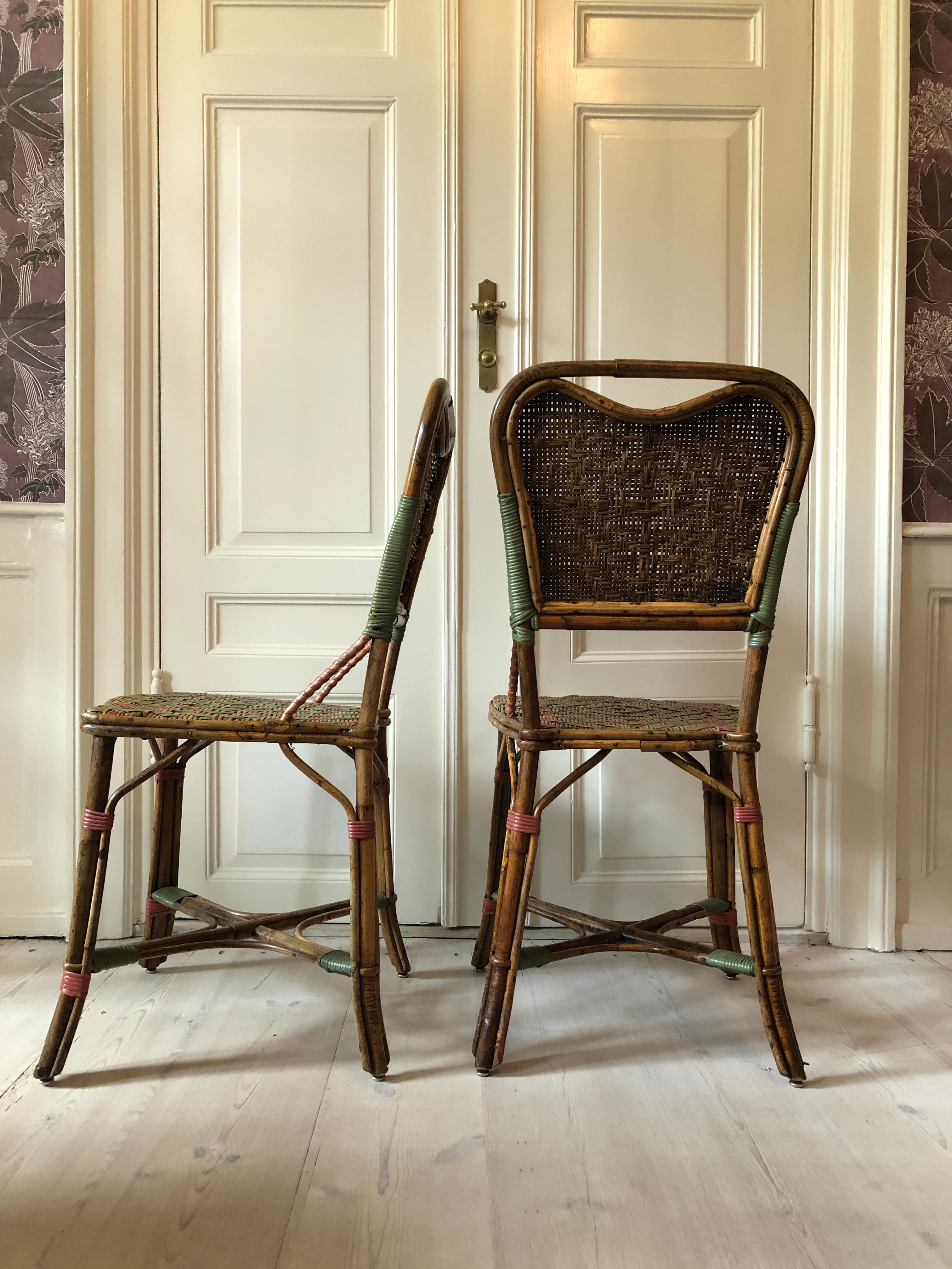 Mid-20th Century Vintage Rattan Chairs with Elegant Coral and Green Woven Details, France, 1930s