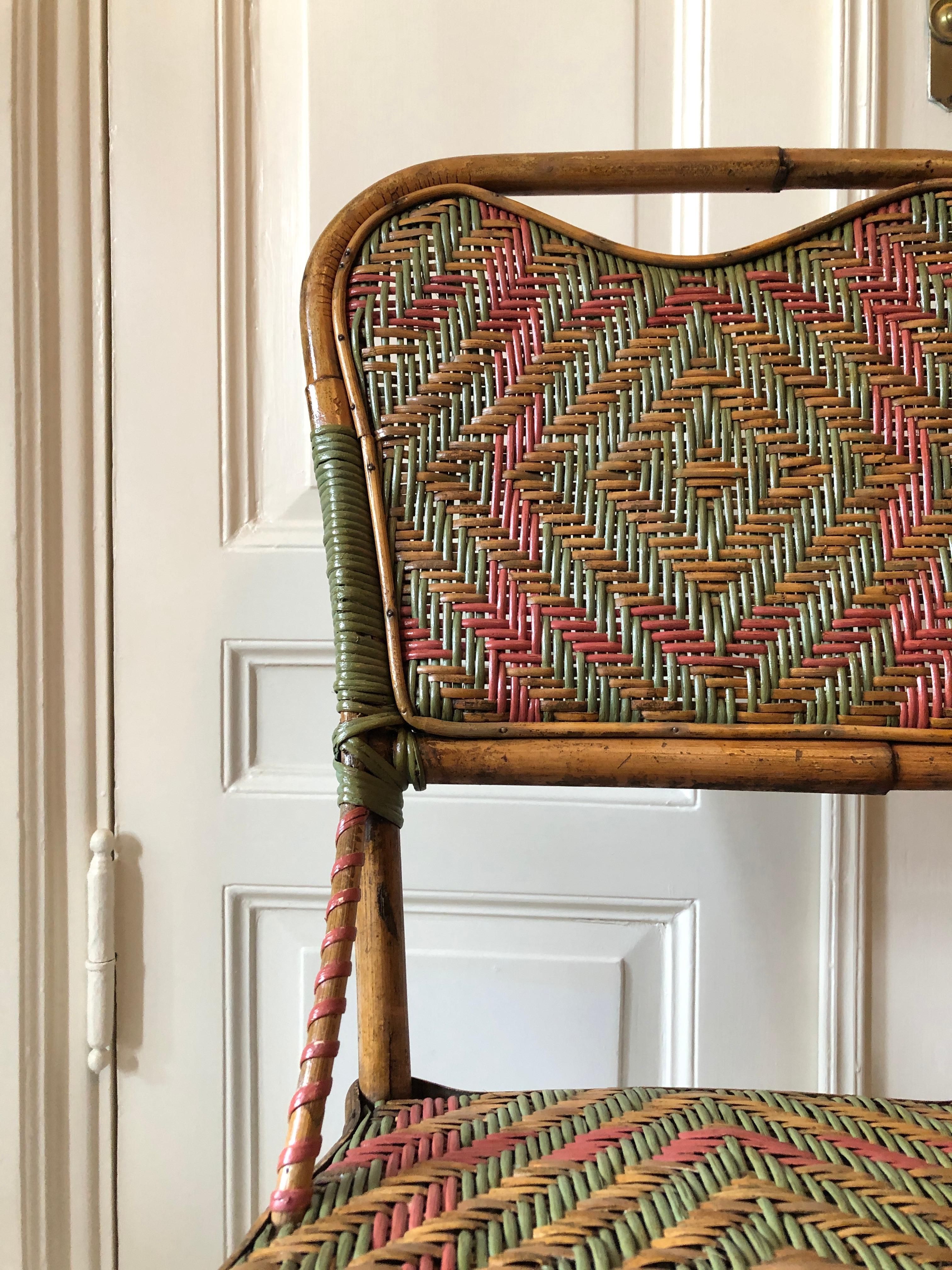 Vintage Rattan Chairs with Elegant Coral and Green Woven Details, France, 1930s 1
