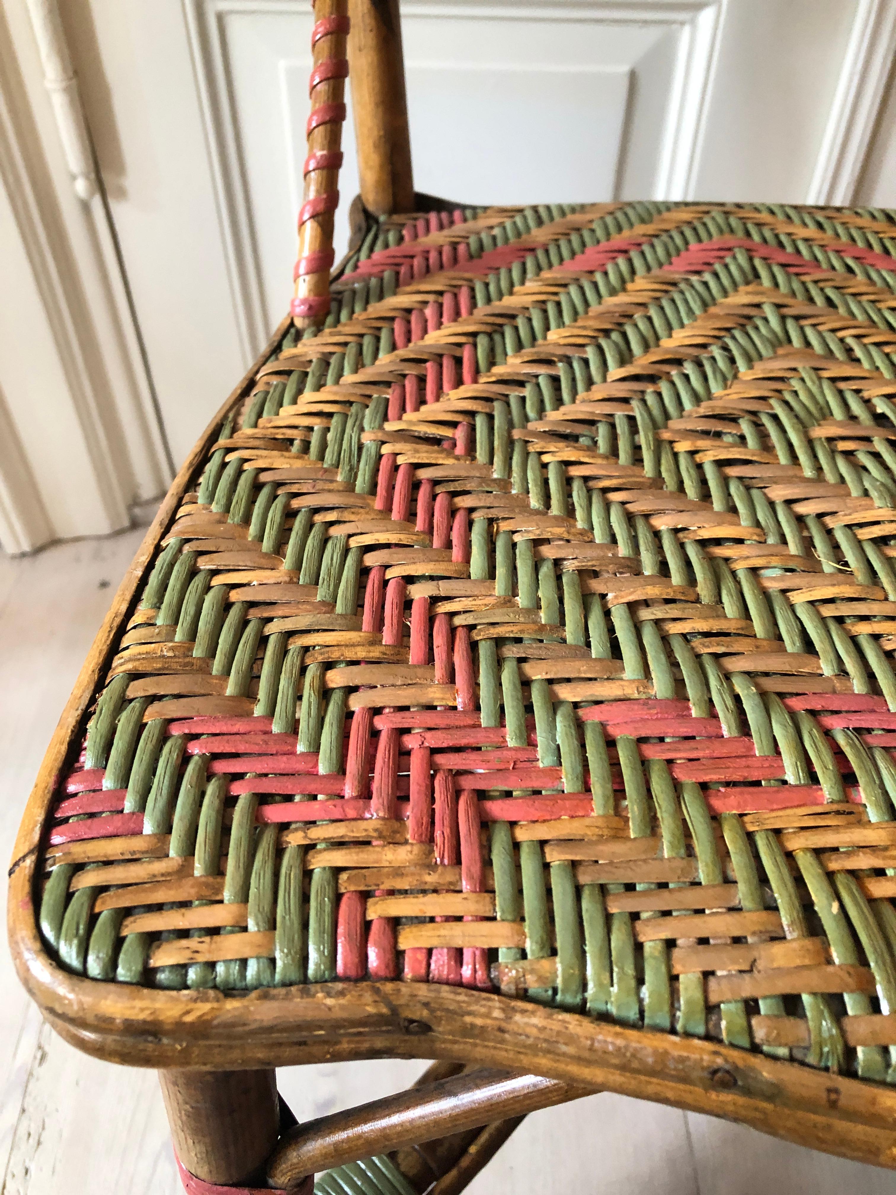 Vintage Rattan Chairs with Elegant Coral and Green Woven Details, France, 1930s 2