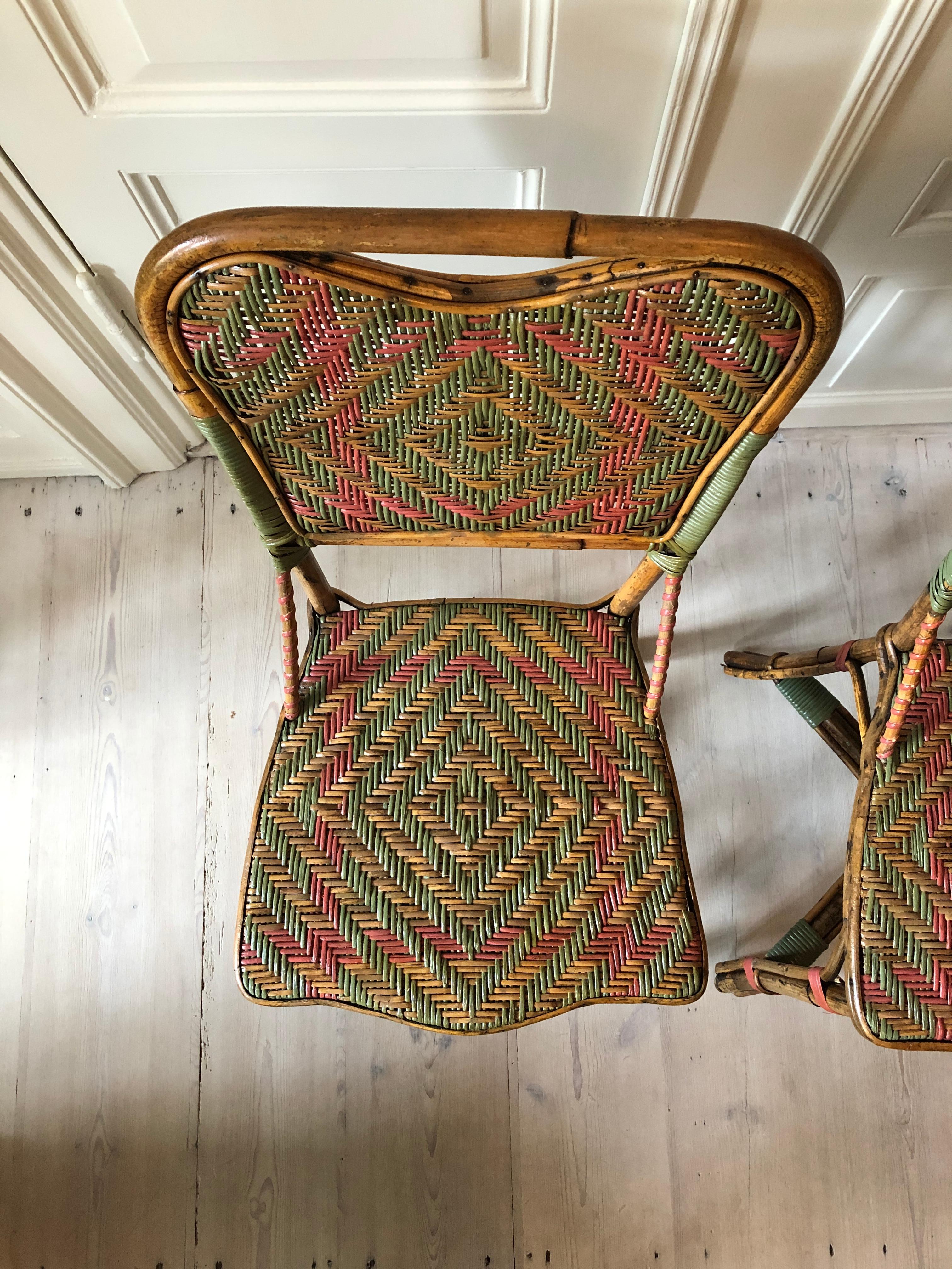 Vintage Rattan Chairs with Elegant Coral and Green Woven Details, France, 1930s 3