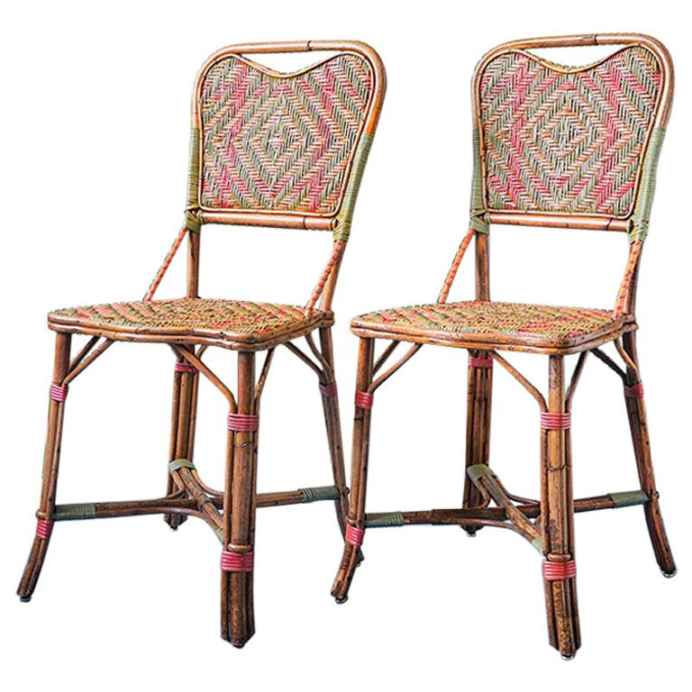 Vintage Rattan Chairs with Elegant Coral and Green Woven Details, France, 1930s