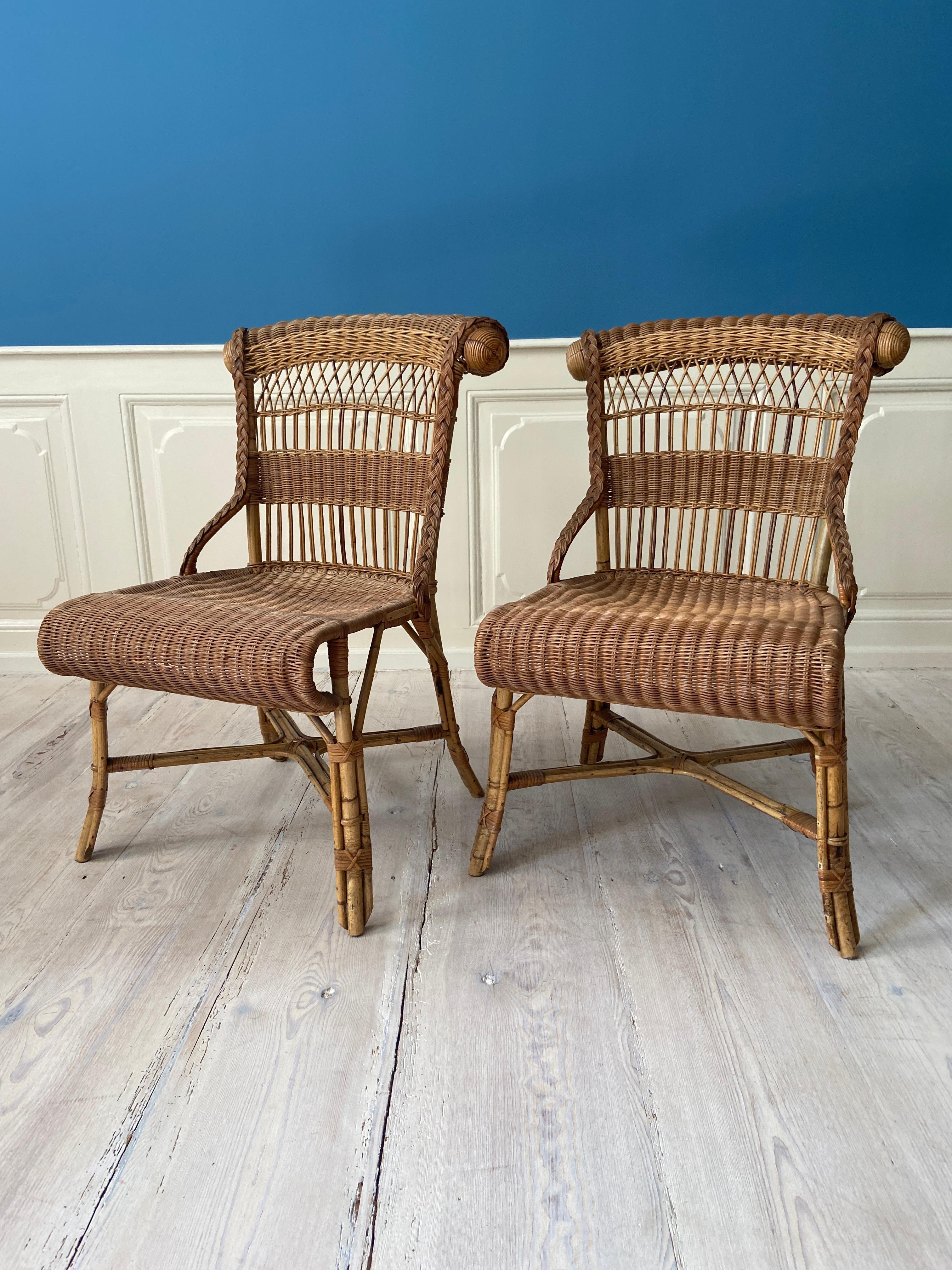French Vintage Rattan Chairs with Elegant Details, France, 1940s