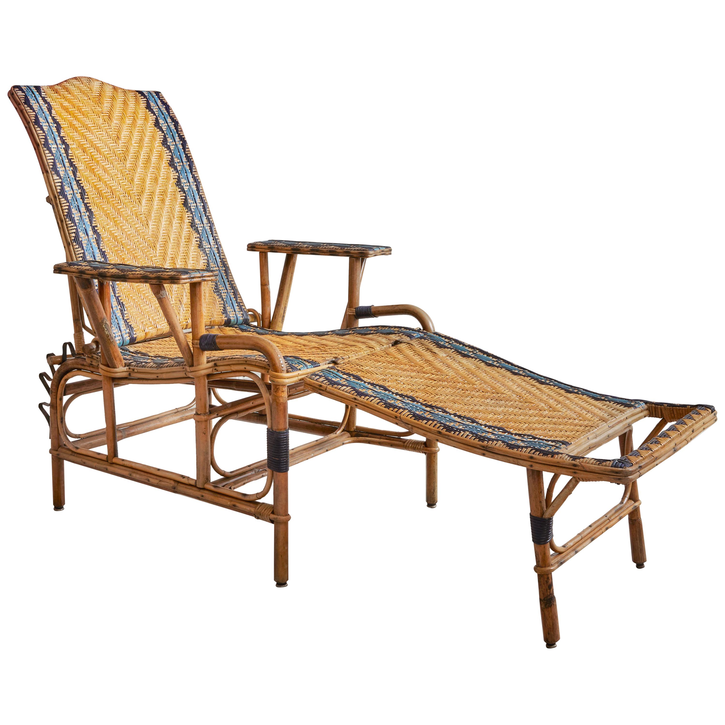 Vintage Rattan Chaise Longue with Blue and Black Woven Details, France, 1930's