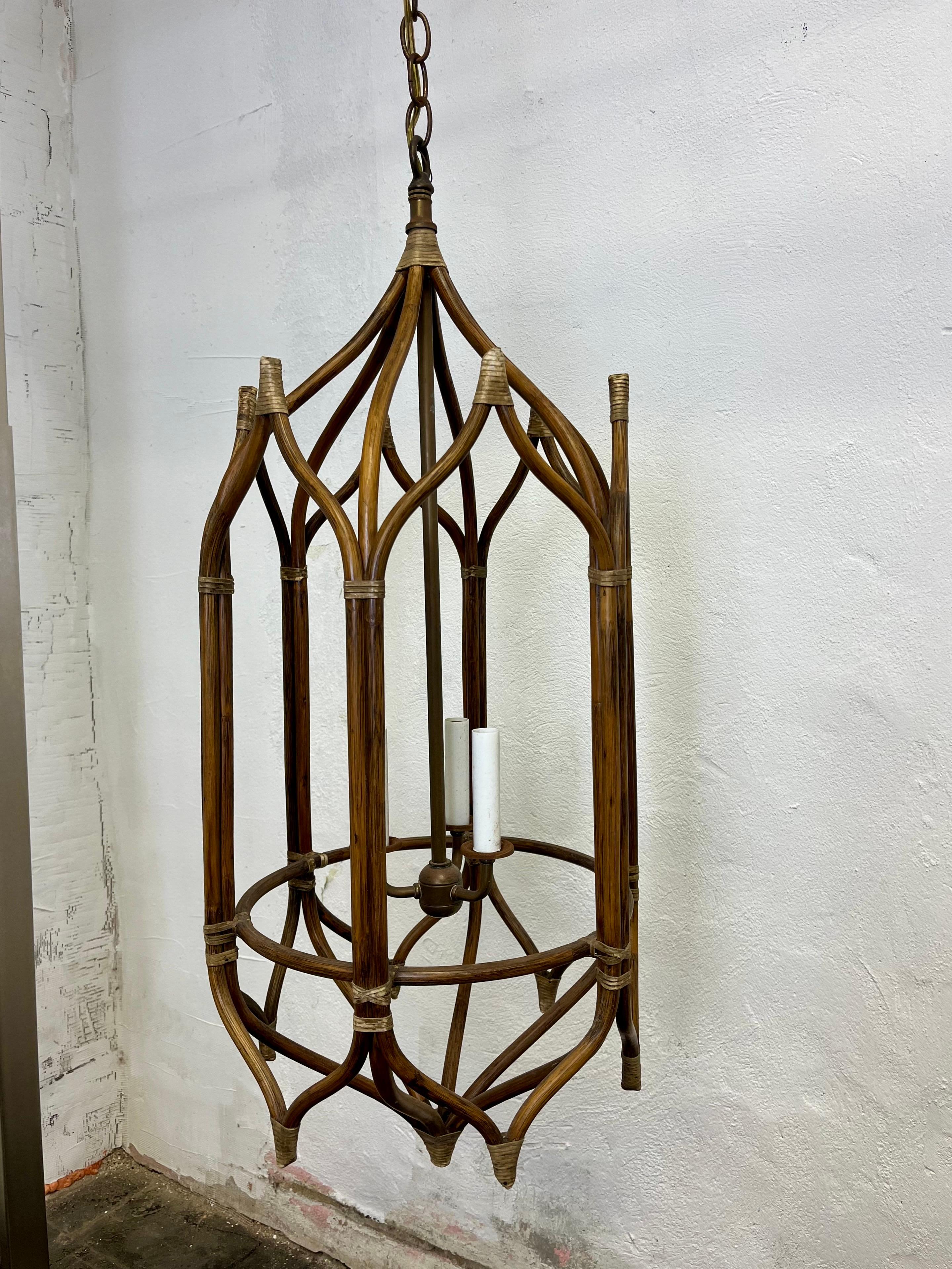 Mid-Century Modern Vintage Rattan Chandelier Hexagon Pagoda Style